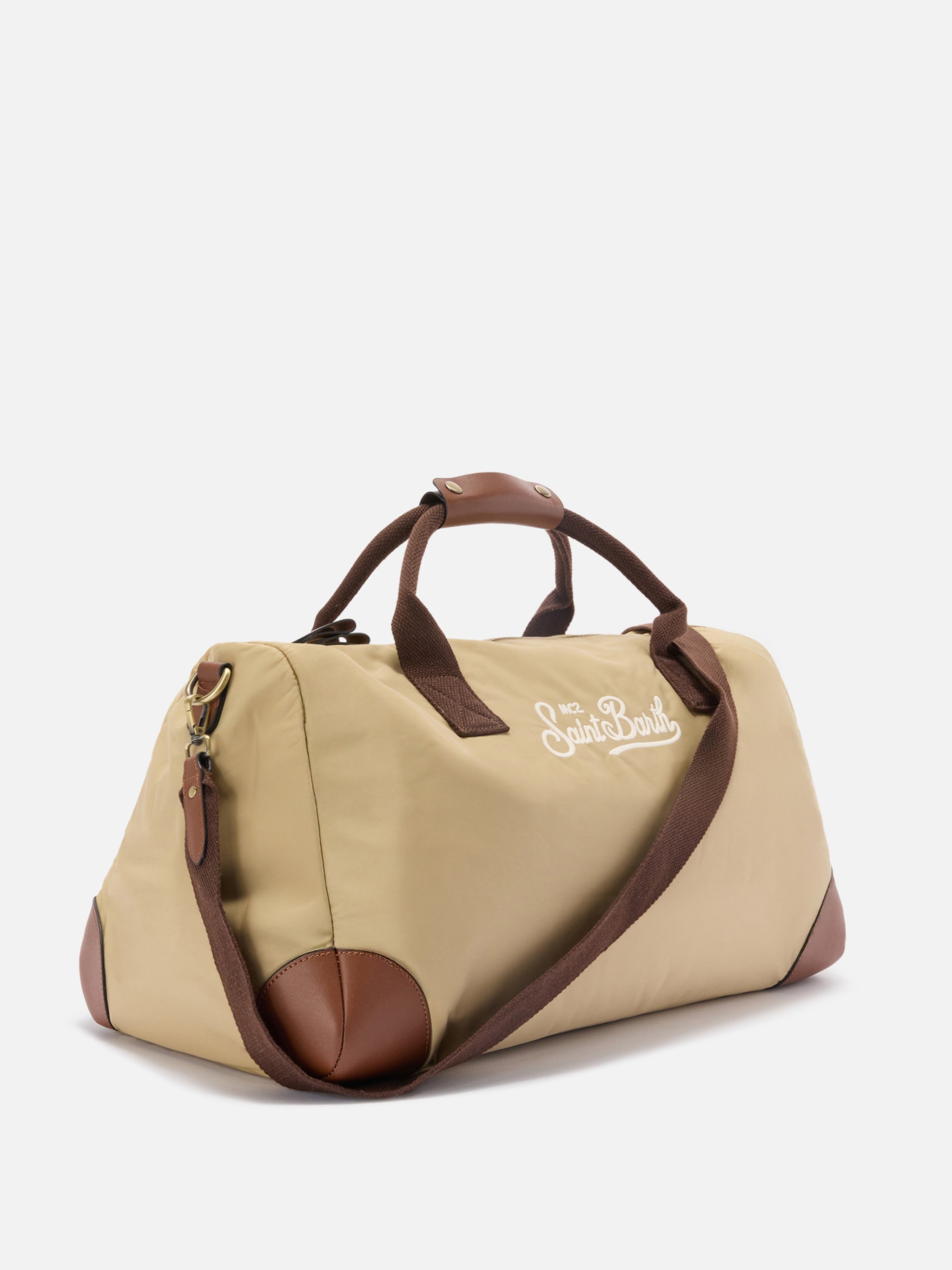 Daily Beige Nylon Weekender With Embroidered Logo Brown Bag
