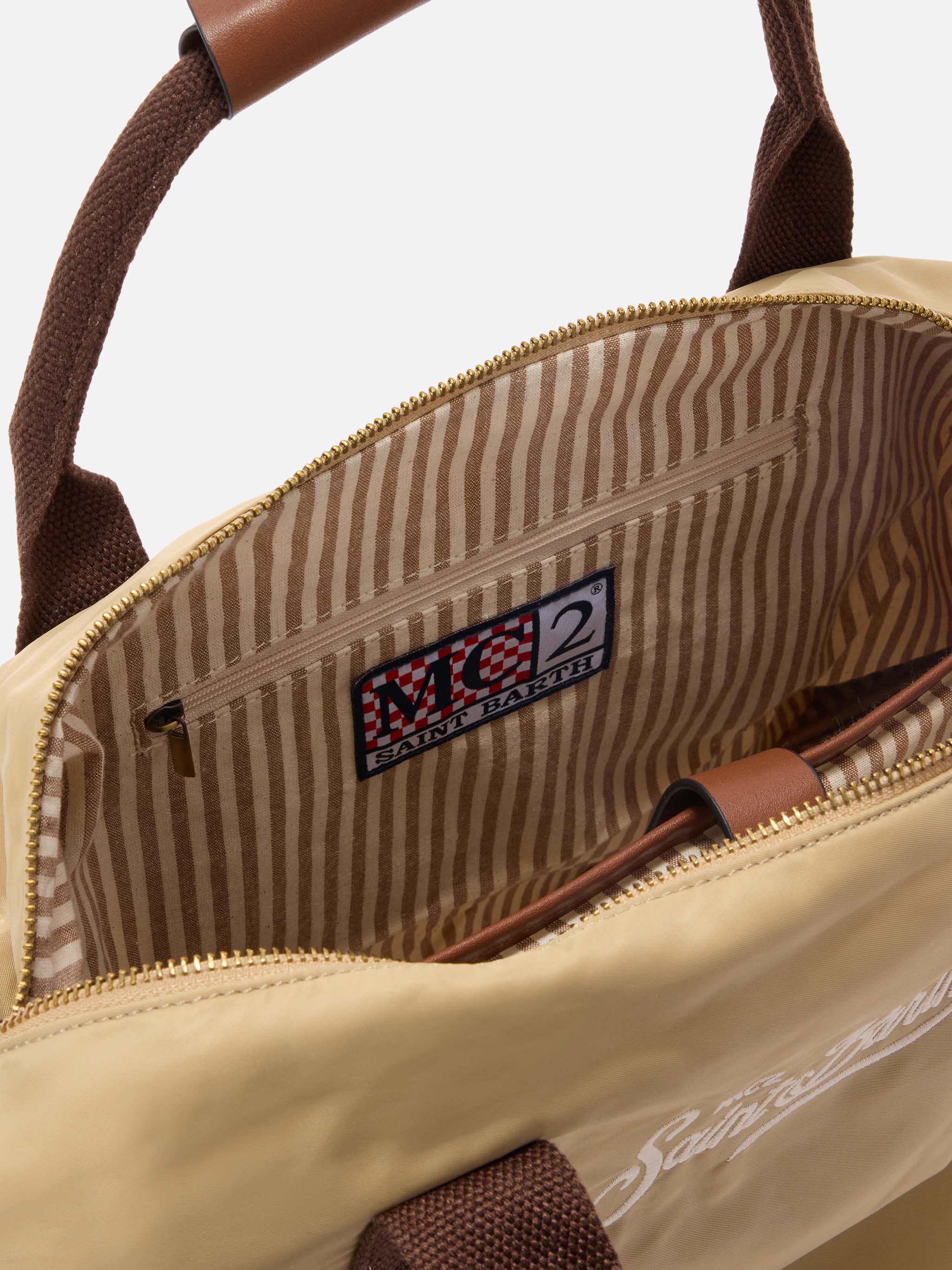 Daily Beige Nylon Weekender With Embroidered Logo Brown Bag