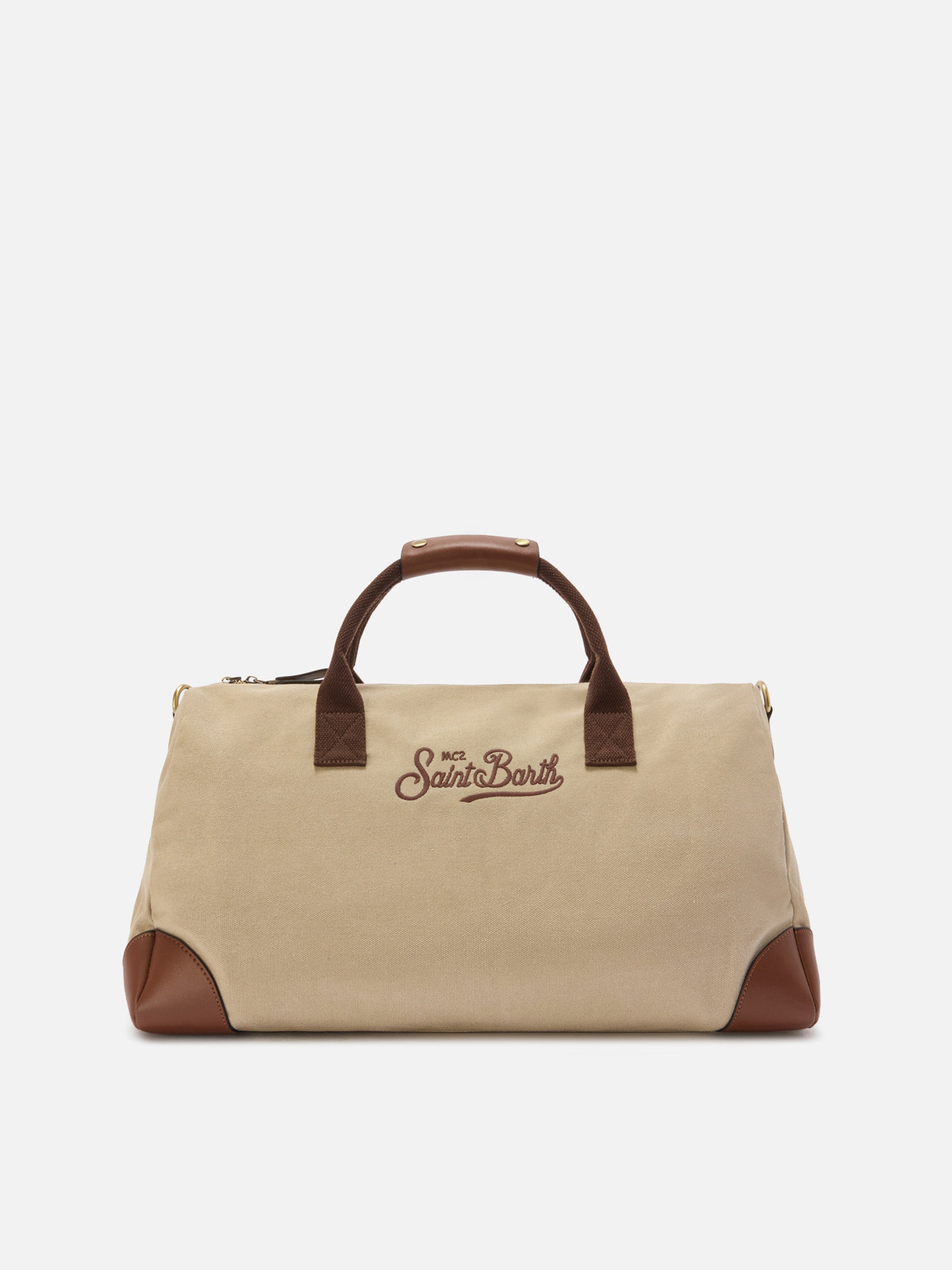 Daily Beige Cotton Blend Weekender With Embroidered Logo Brown Bag