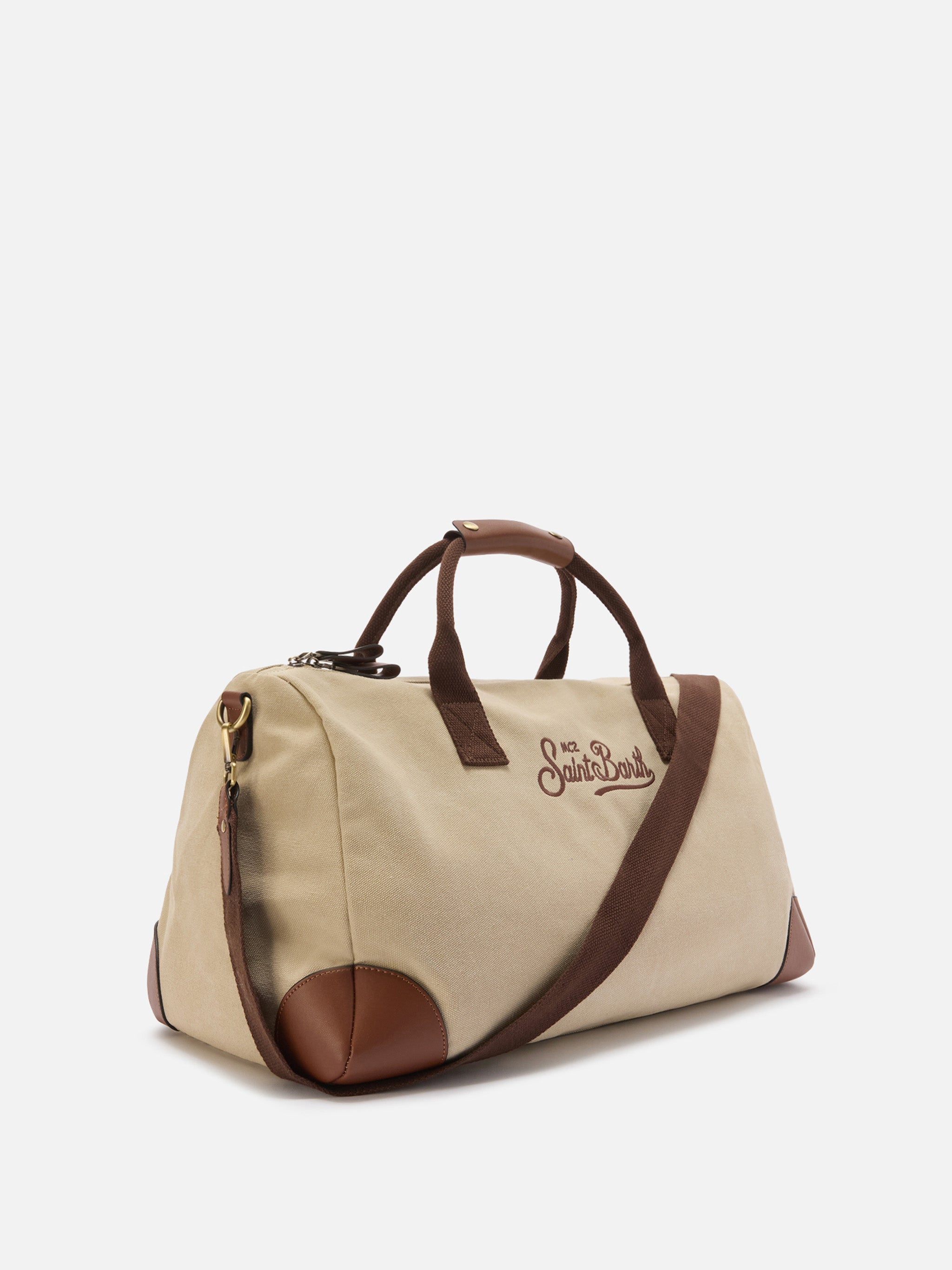 Daily Beige Cotton Blend Weekender With Embroidered Logo Brown Bag