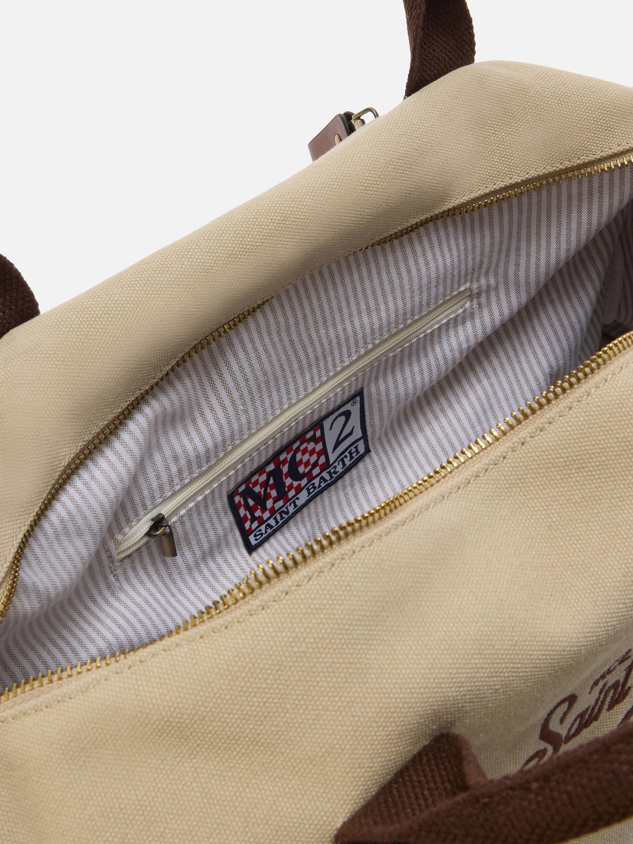 Daily Beige Cotton Blend Weekender With Embroidered Logo Brown Bag