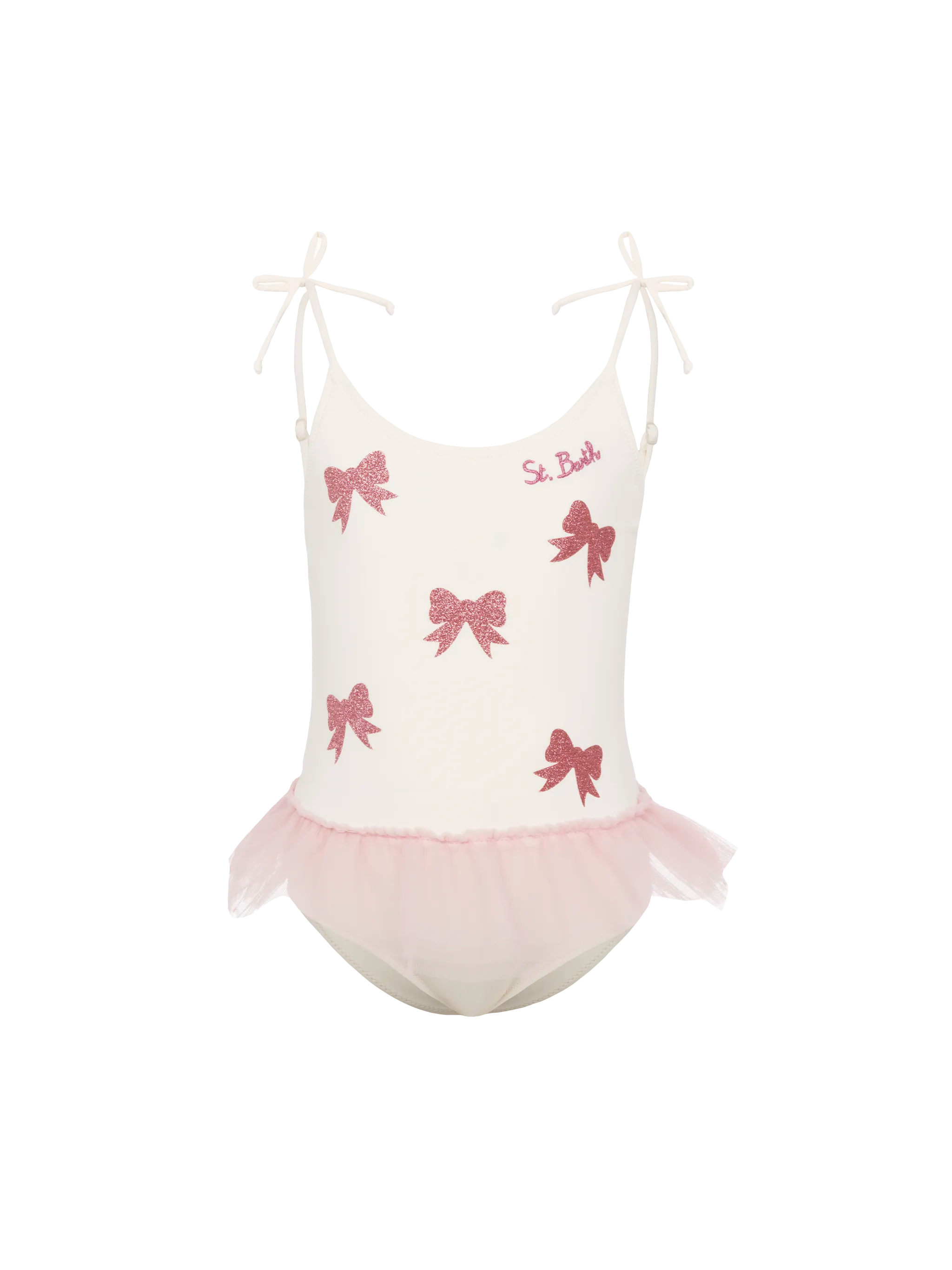 Dancer One-Piece Swimsuit With Tulle Ruffle And Glittered Bows White One Piece