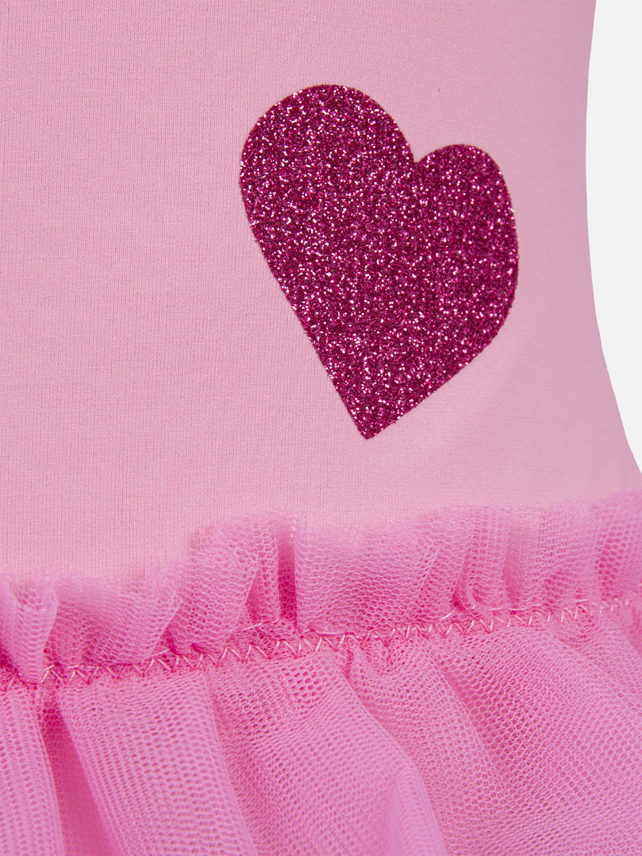 Dancer One-Piece Swimsuit With Tulle Ruffle And Glittered Hearts Pink One Piece