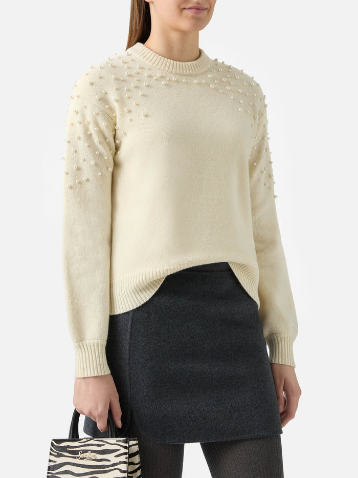 Danya Sweater Wool Blend With Pearl Appliqués White