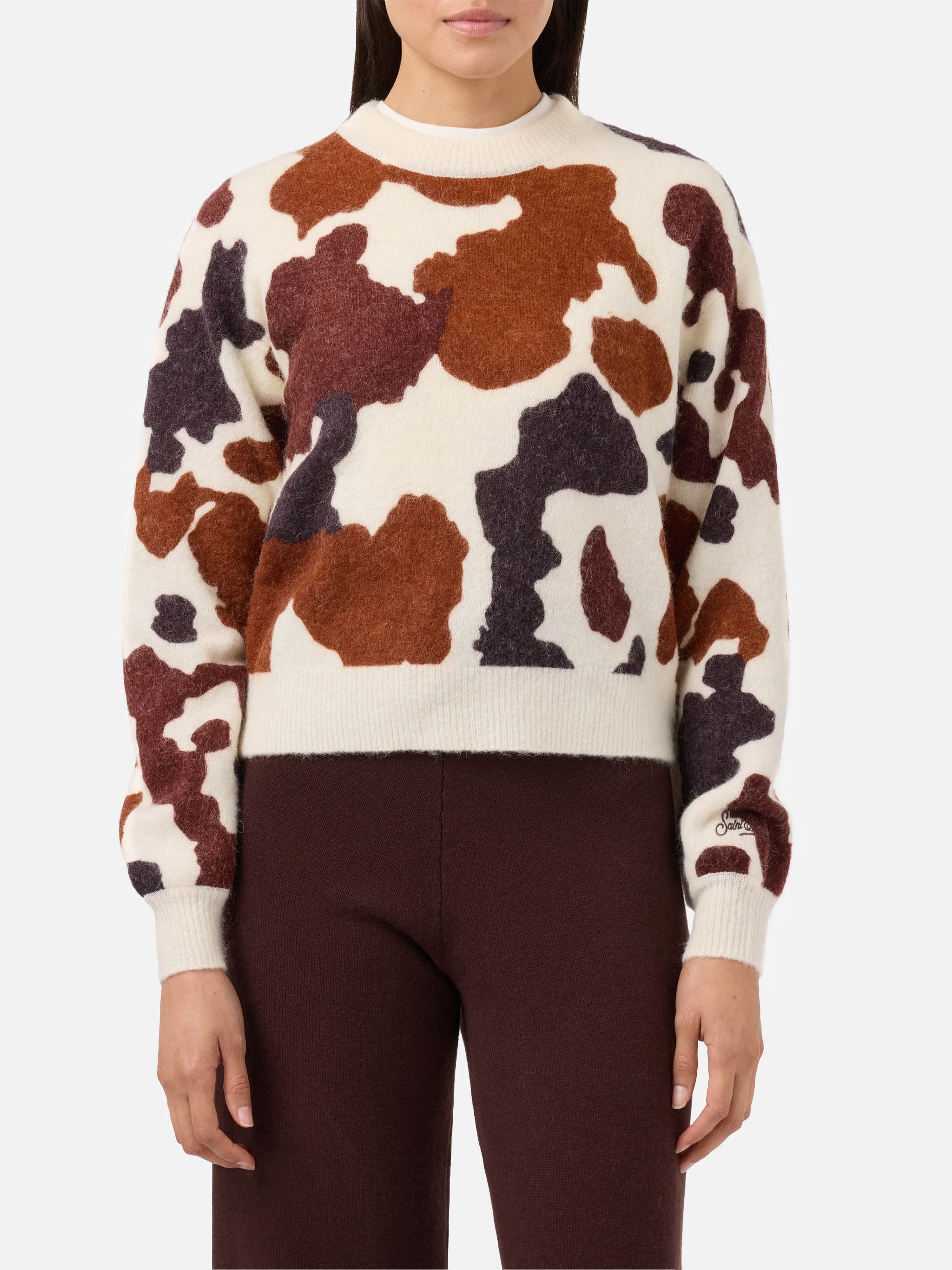Danya Stretch Merino-Wool And Alpaca-Blend Sweater With Cow-Print Beige