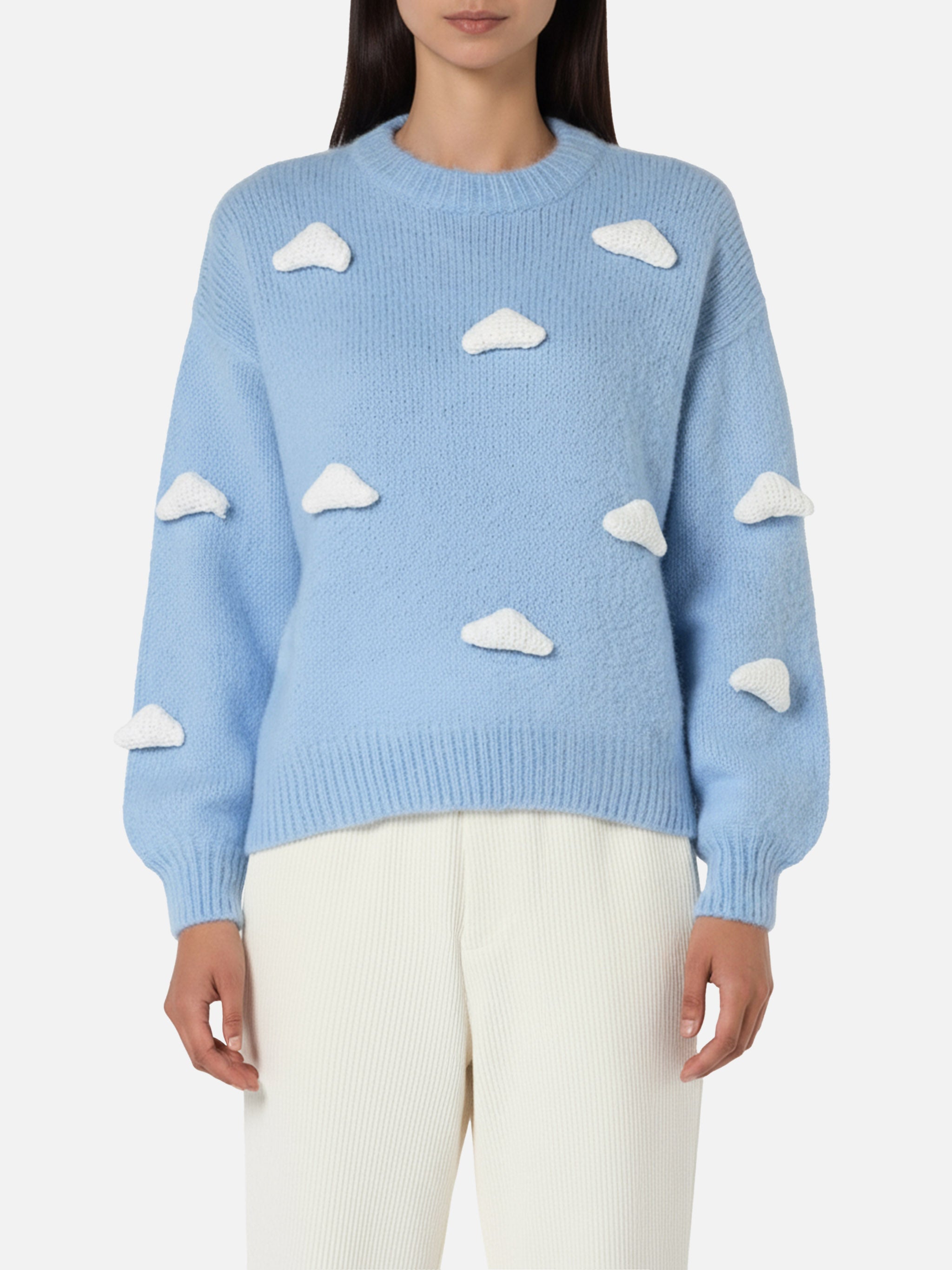 Brushed Knit Sweater With Clouds Details Blue
