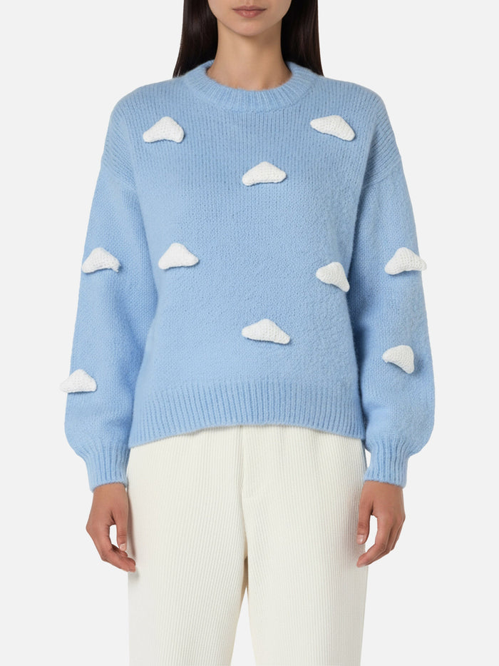 Brushed Knit Sweater With Clouds Details Blue