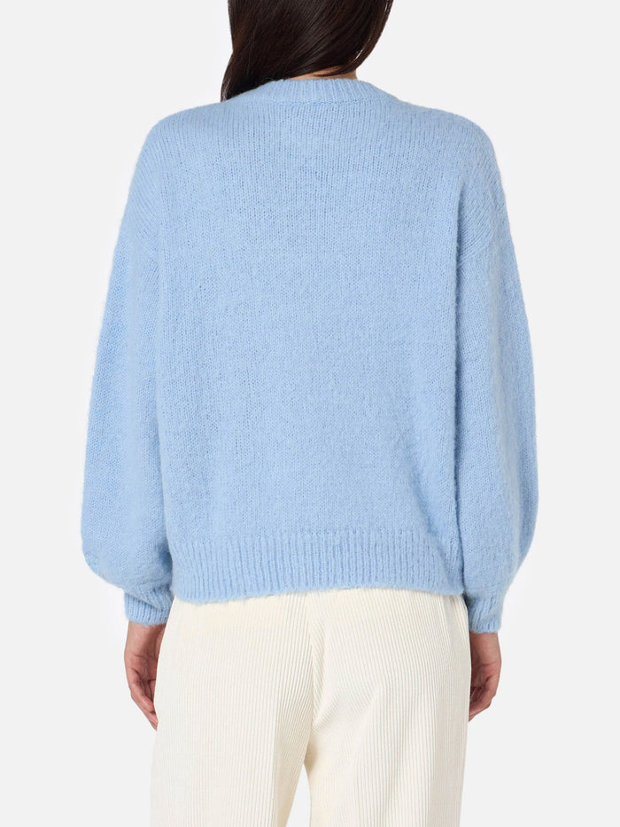 Brushed Knit Sweater With Clouds Details Blue