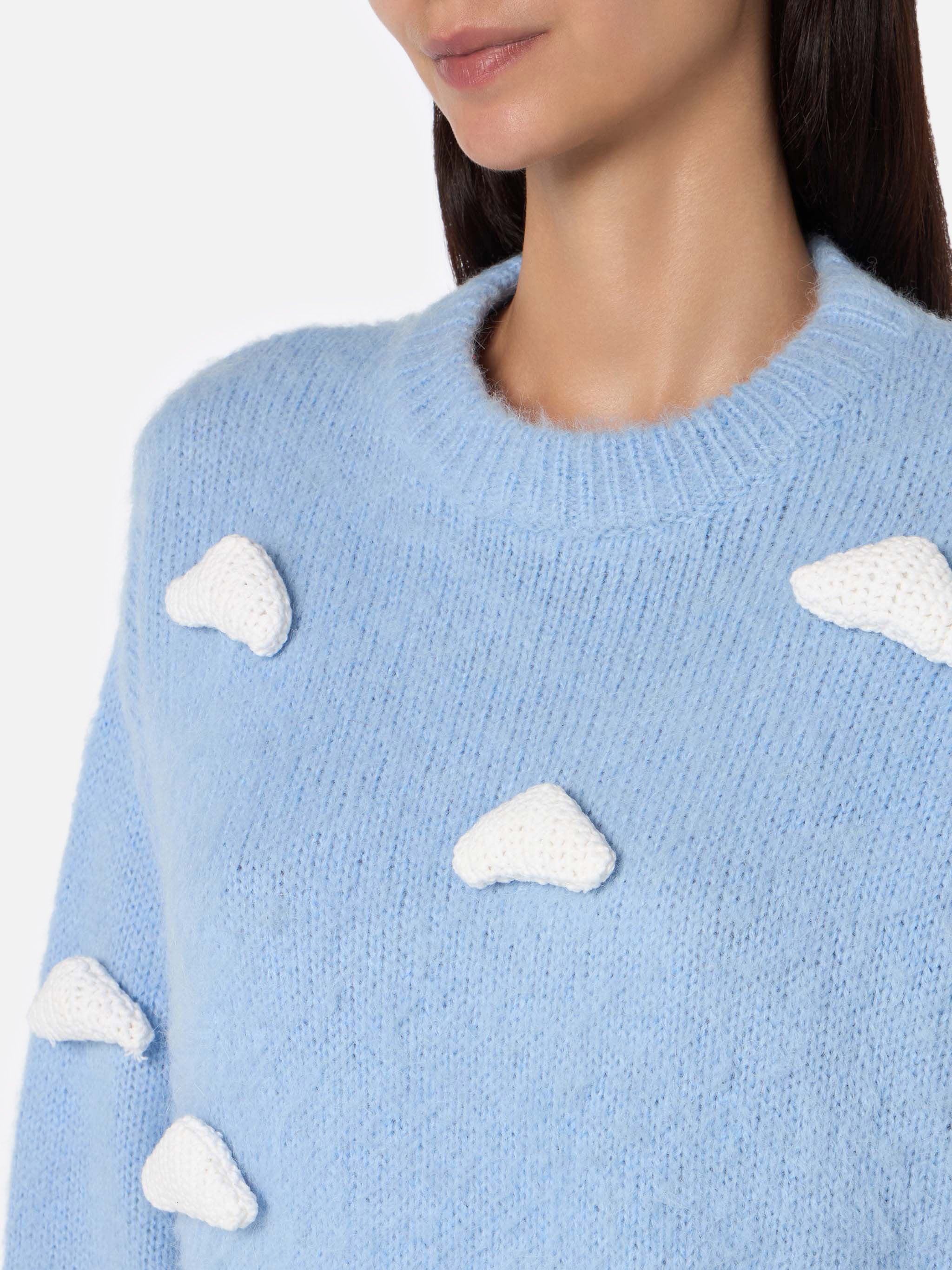 Brushed Knit Sweater With Clouds Details Blue