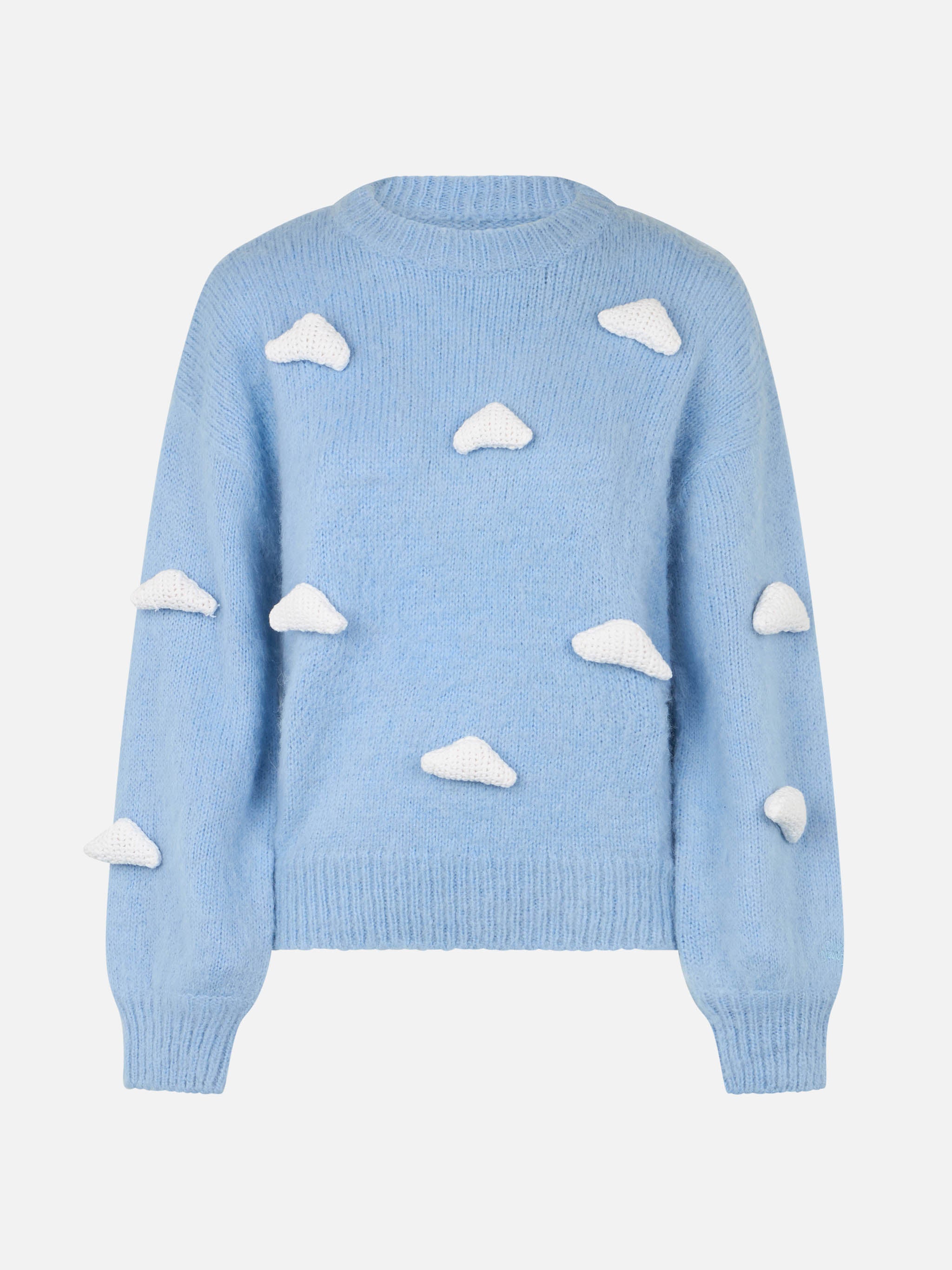 Brushed Knit Sweater With Clouds Details Blue