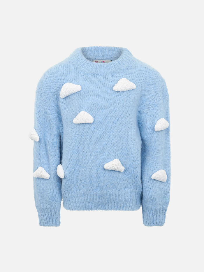 Girl Boxy Shape Soft Sweater Danya Jr With Crochet Cloud 3d Patches Blue