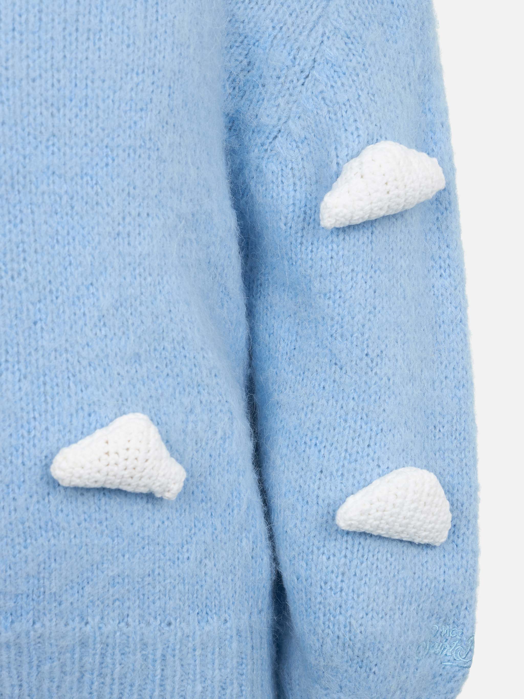 Girl Boxy Shape Soft Sweater Danya Jr With Crochet Cloud 3d Patches Blue