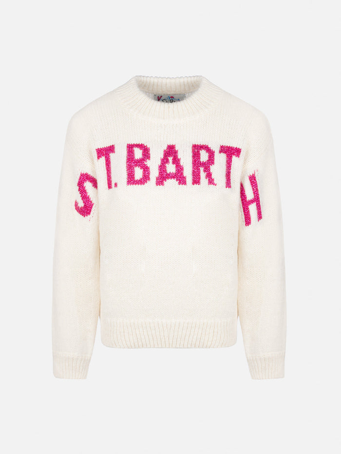 Girl Pink Crewneck Sweater Danya With Saint Barth Lurex Logo White