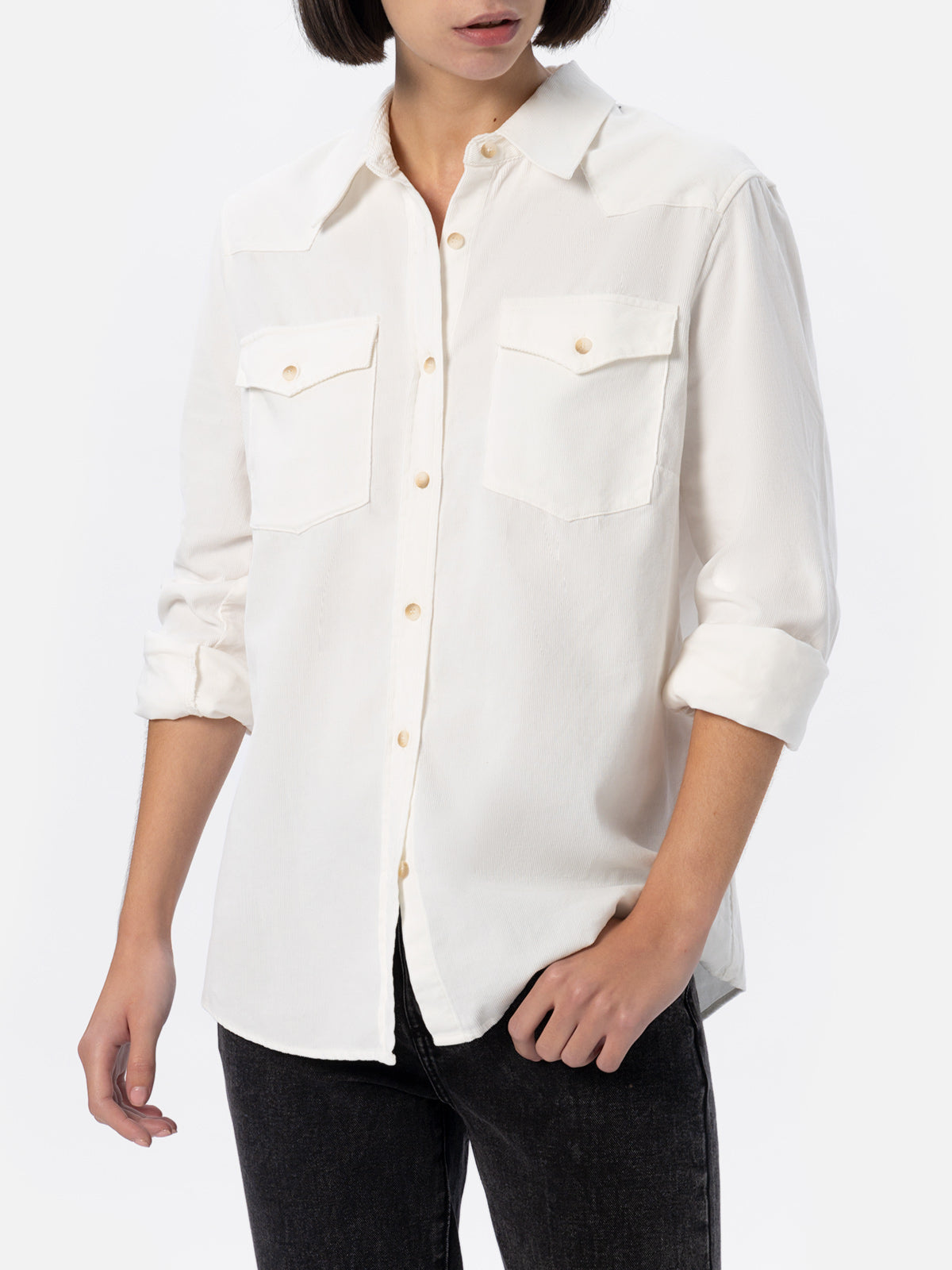 Deer Off-White Corduroy Shirt With Rhinestone Logo