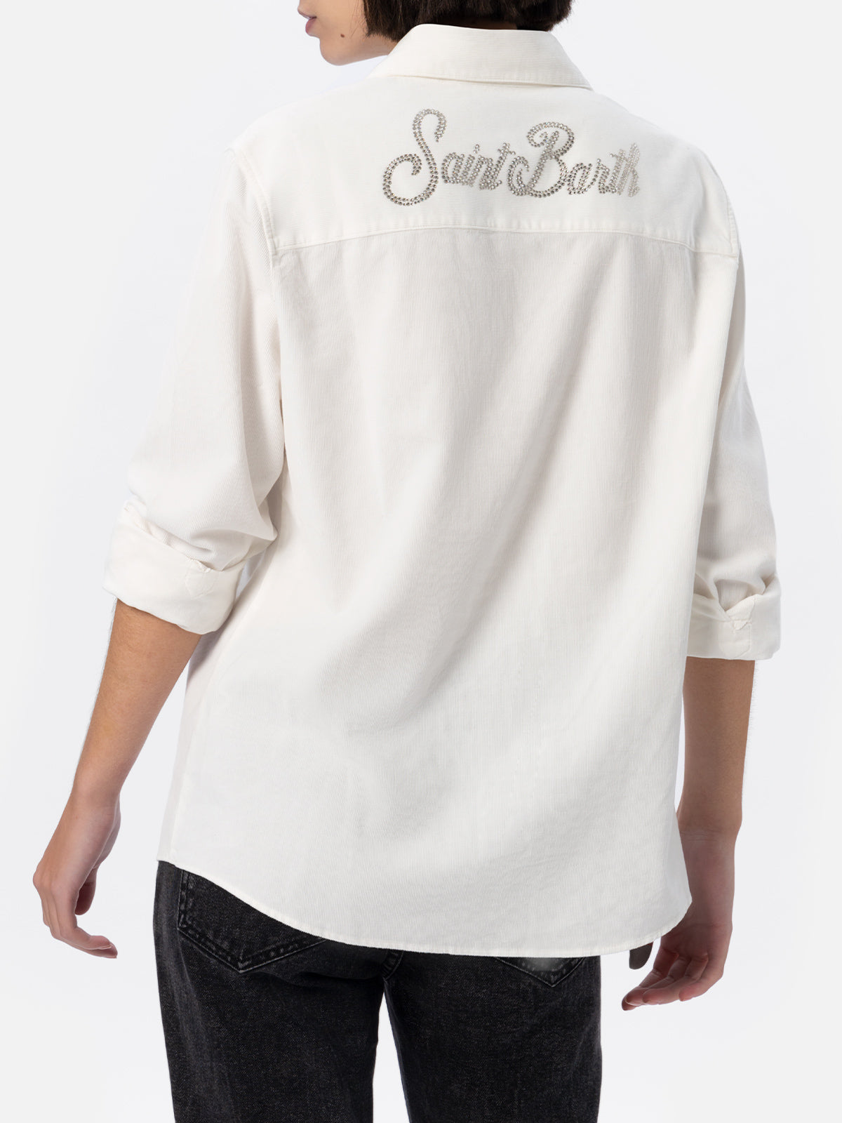 Deer Off-White Corduroy Shirt With Rhinestone Logo