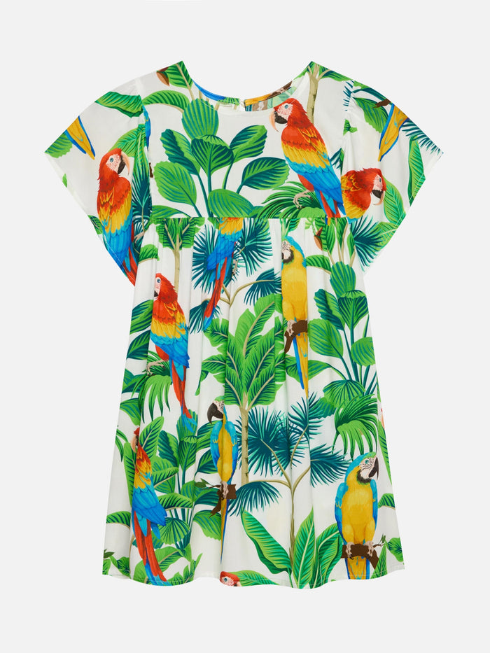 Short Sleeves Dress Diana With Tropical Print White