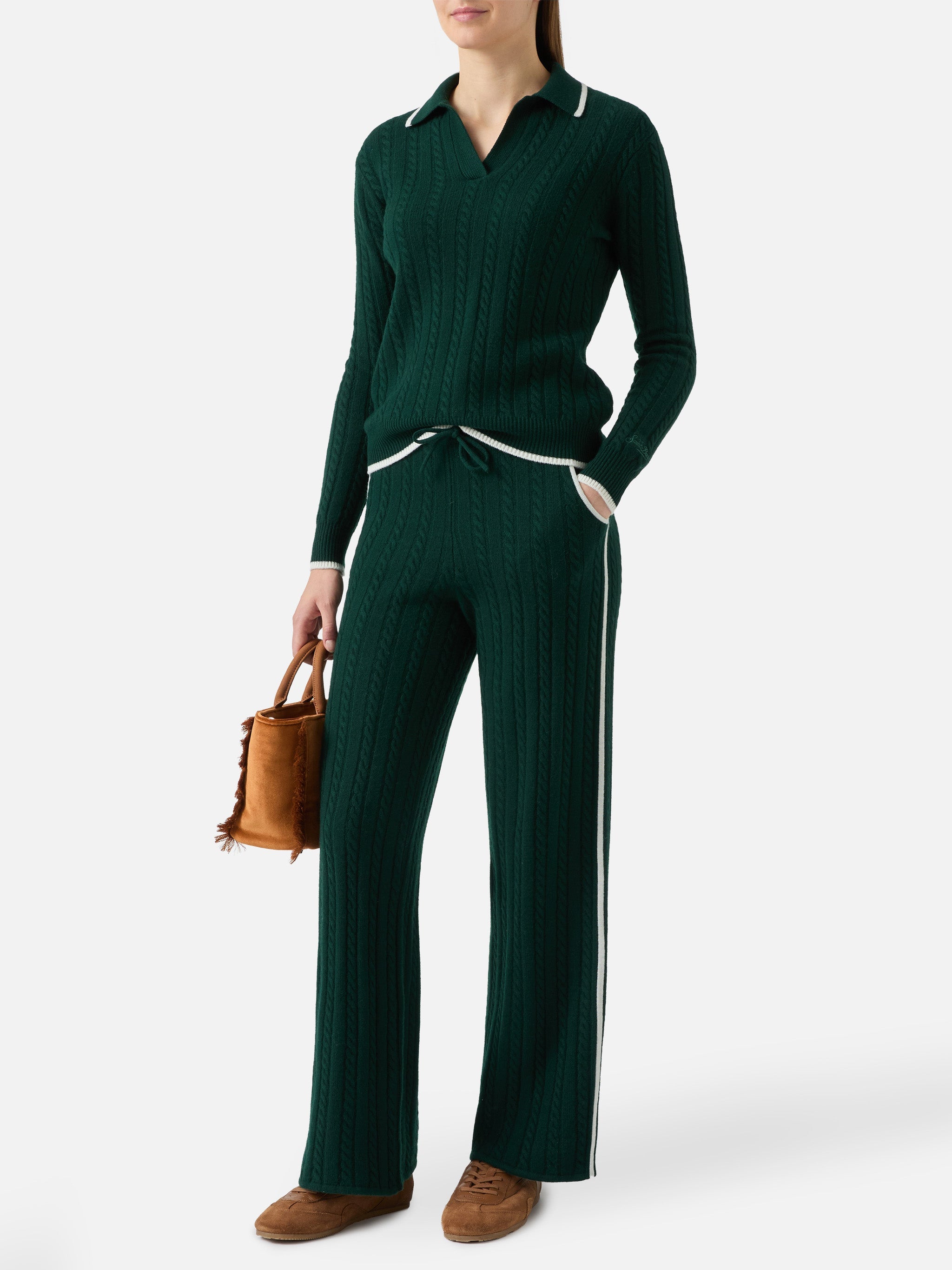 Dinard Cable-Knit Trousers British Green Wool With St. Barth Embroidery Pant