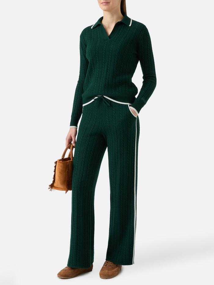 Dinard Cable-Knit Trousers British Green Wool With St. Barth Embroidery Pant