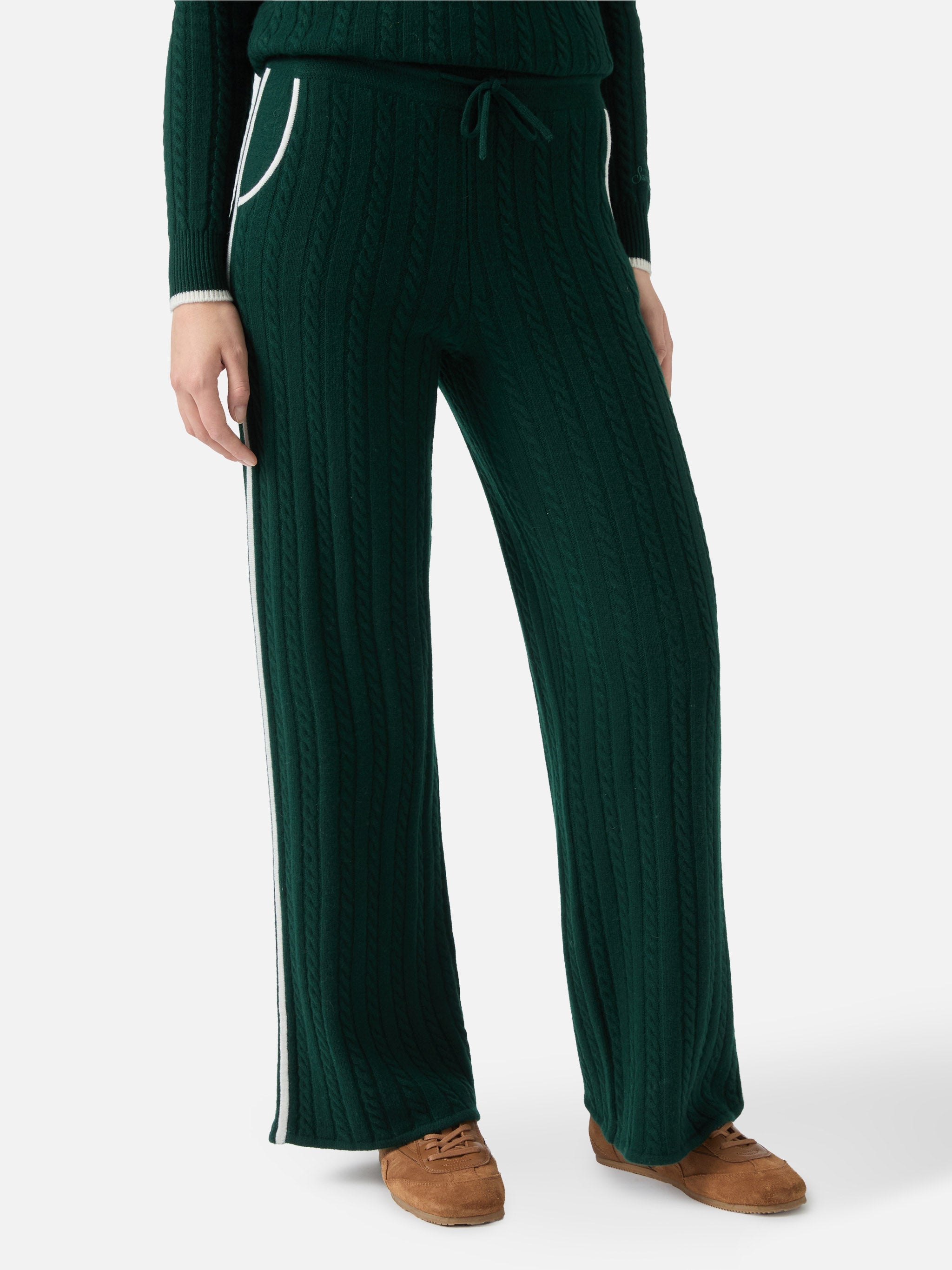 Dinard Cable-Knit Trousers British Green Wool With St. Barth Embroidery Pant