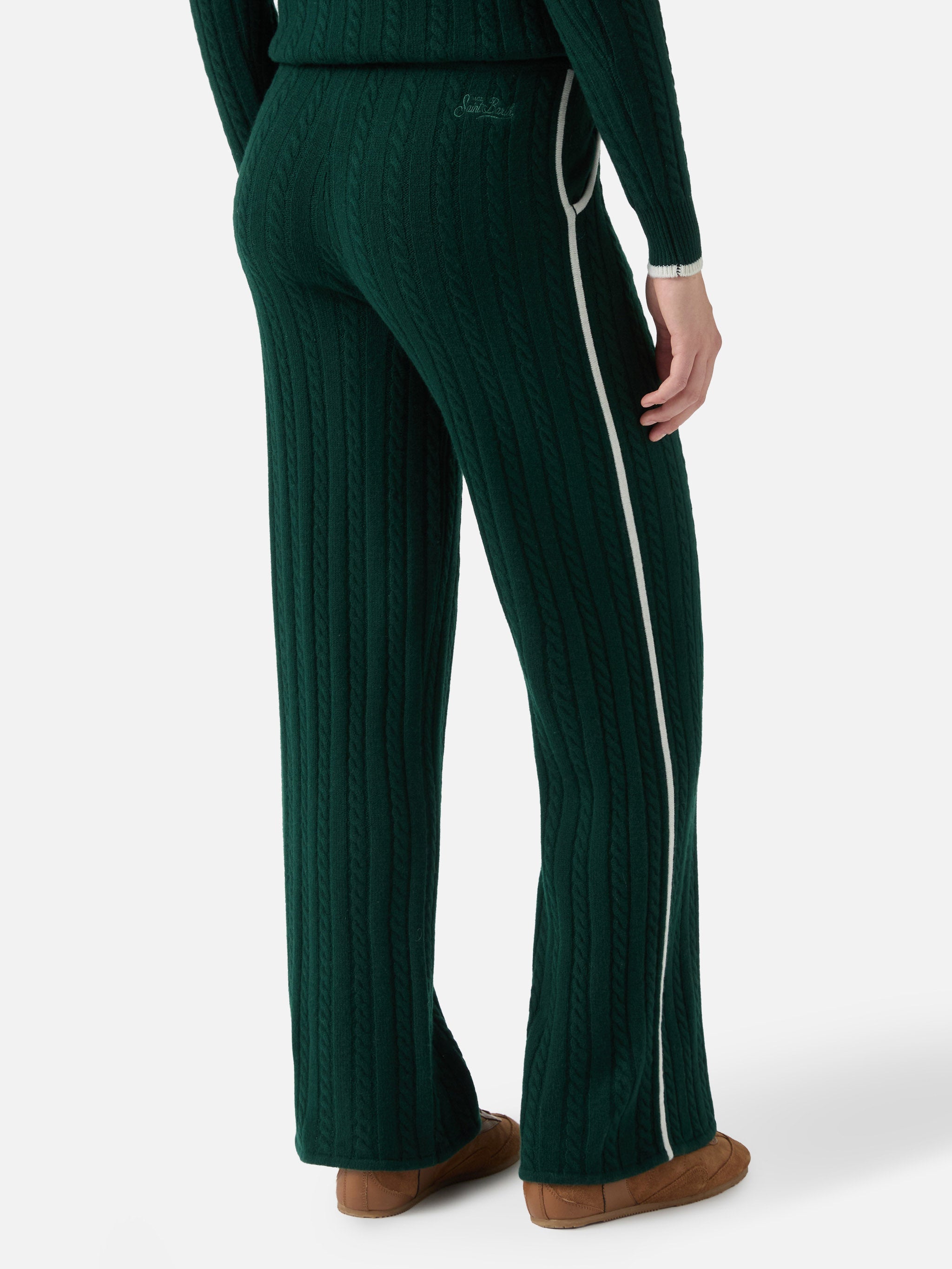 Dinard Cable-Knit Trousers British Green Wool With St. Barth Embroidery Pant