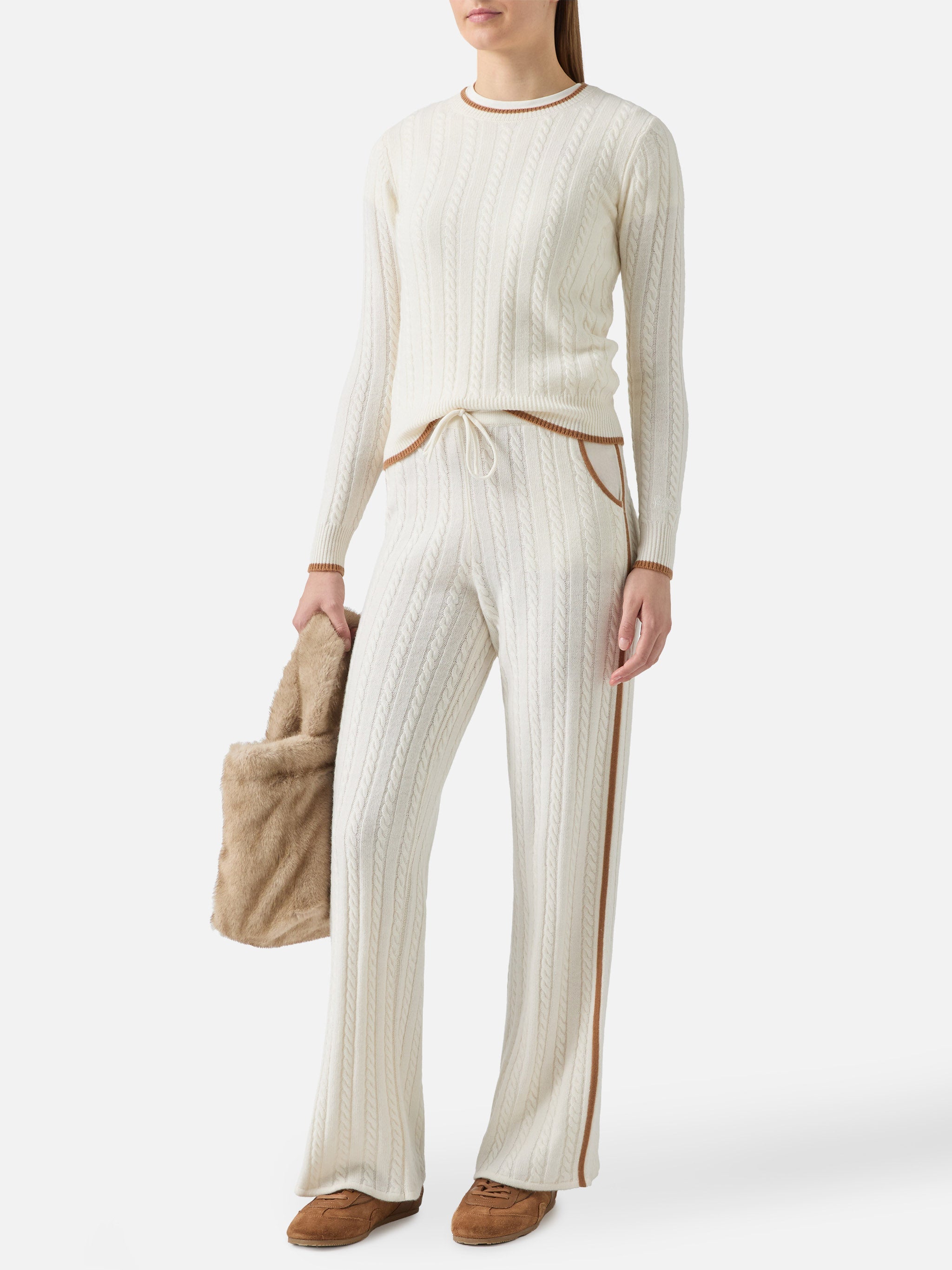 Dinard Cable-Knit Trousers White Wool With St. Barth Embroidery Pant