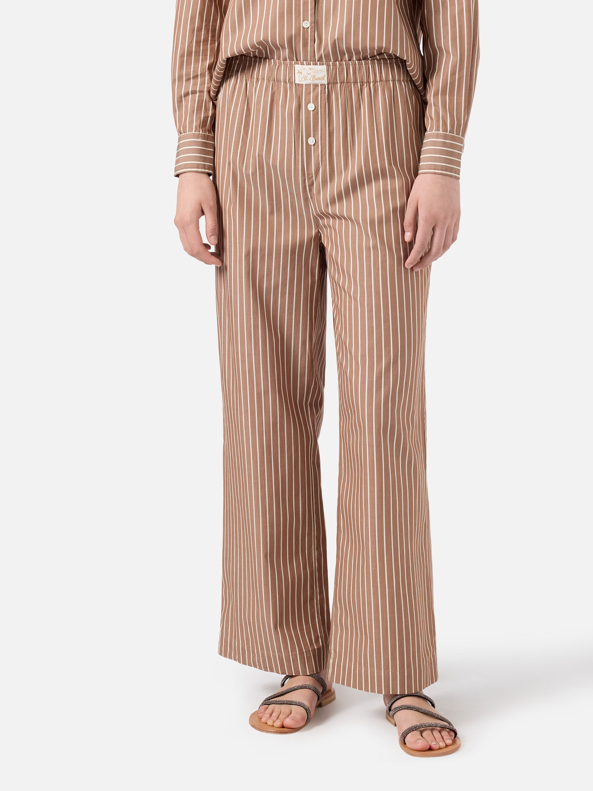 Beige Striped Doha Poplin Trousers Brown Pant