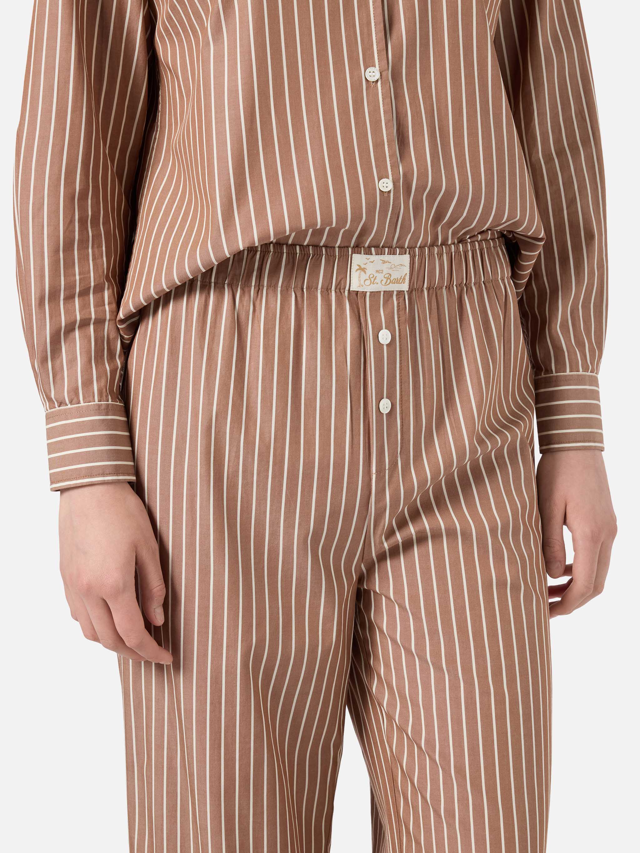 Beige Striped Doha Poplin Trousers Brown Pant
