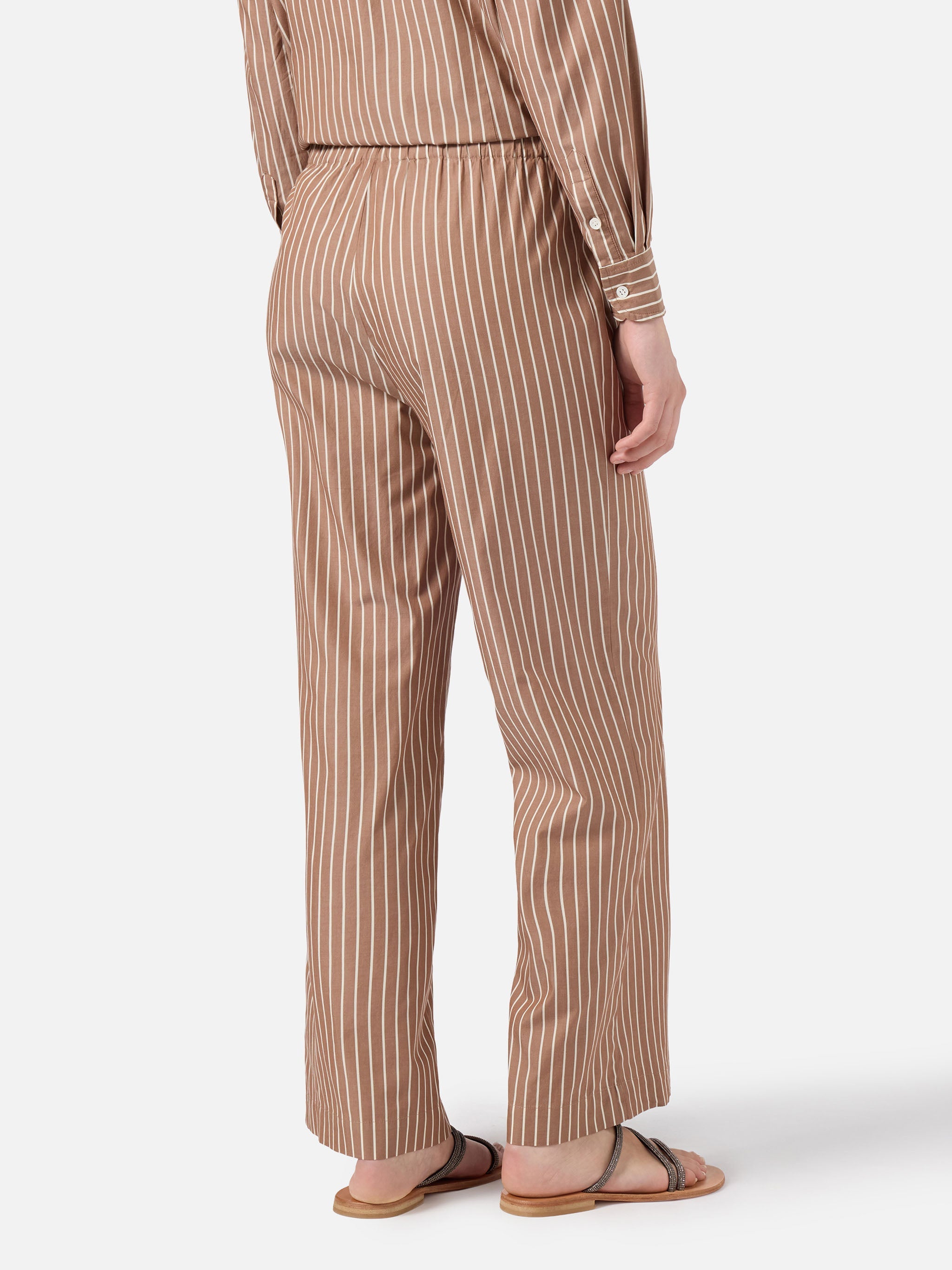 Beige Striped Doha Poplin Trousers Brown Pant