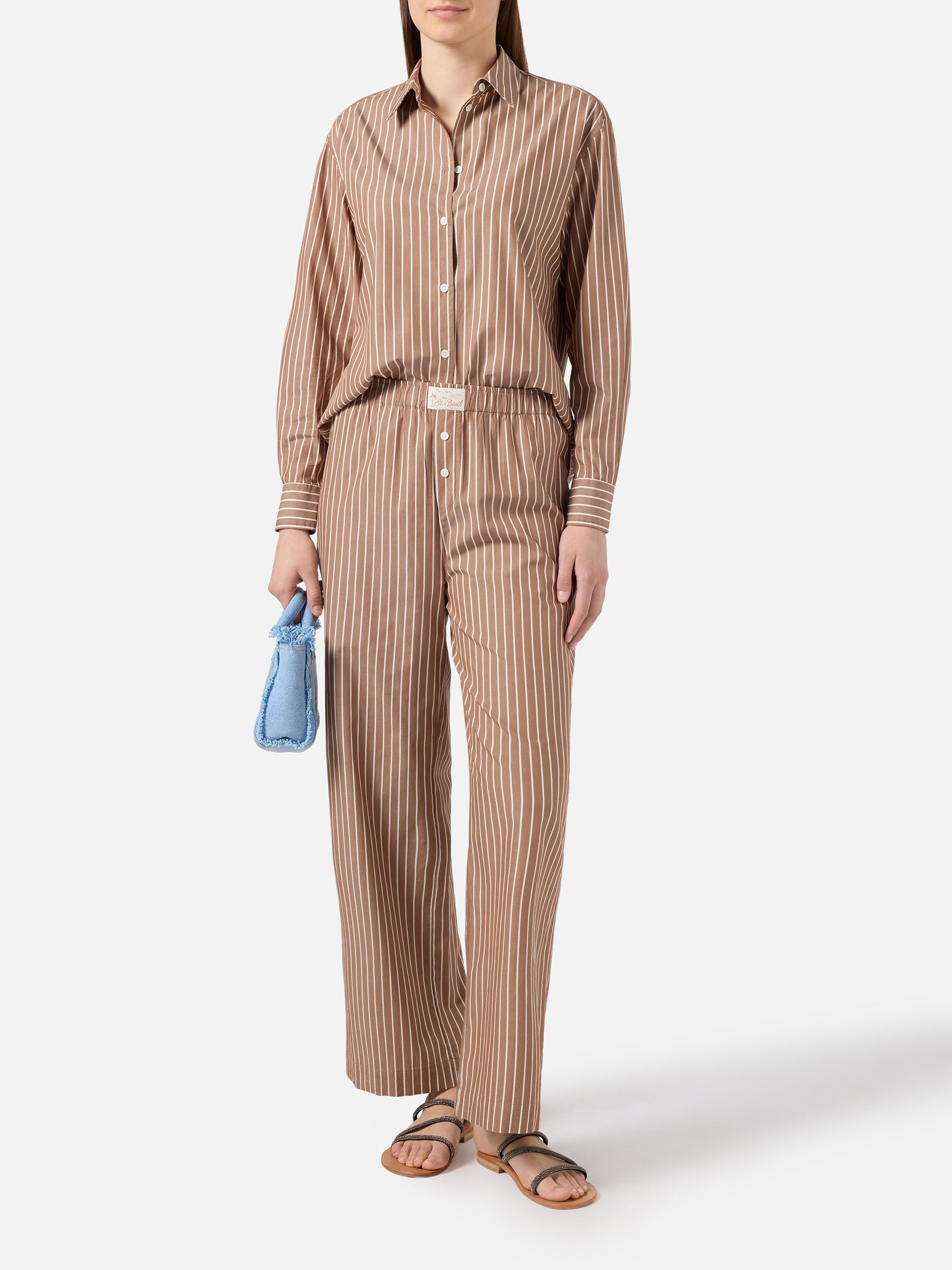Beige Striped Doha Poplin Trousers Brown Pant