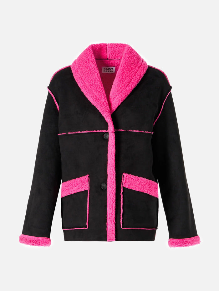Black And Fluo Pink Dorys Reversible Shearling Coat