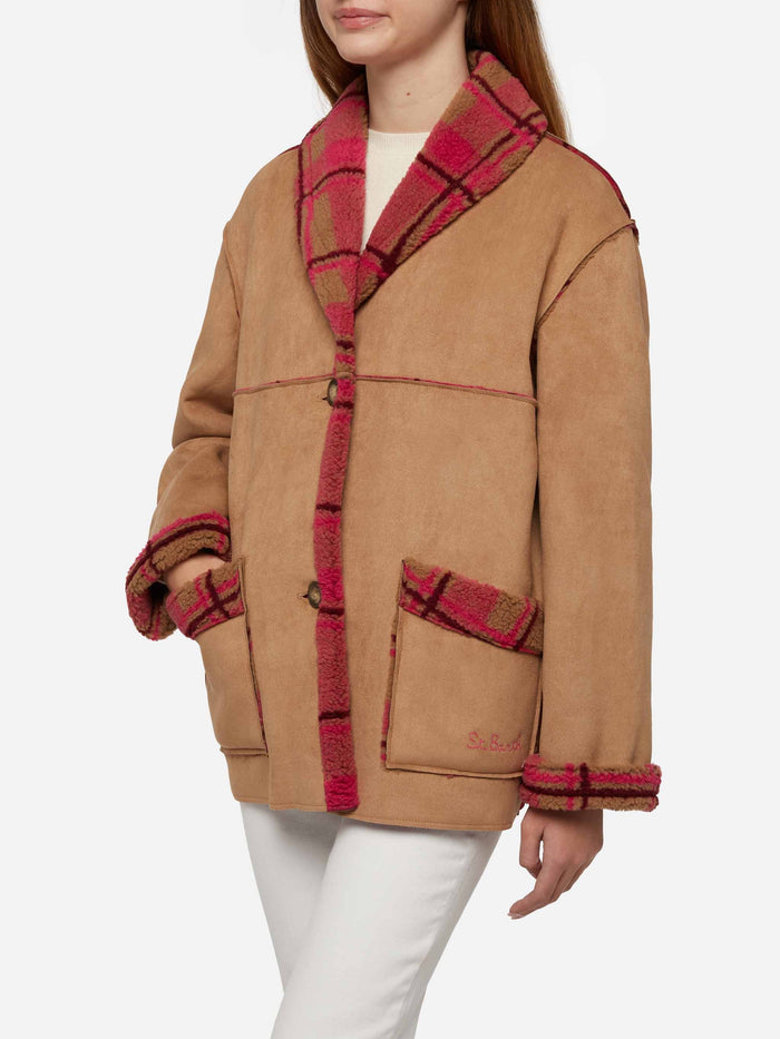 Dorys Reversible Shearling Effect Tartan Jacket Camel Coat