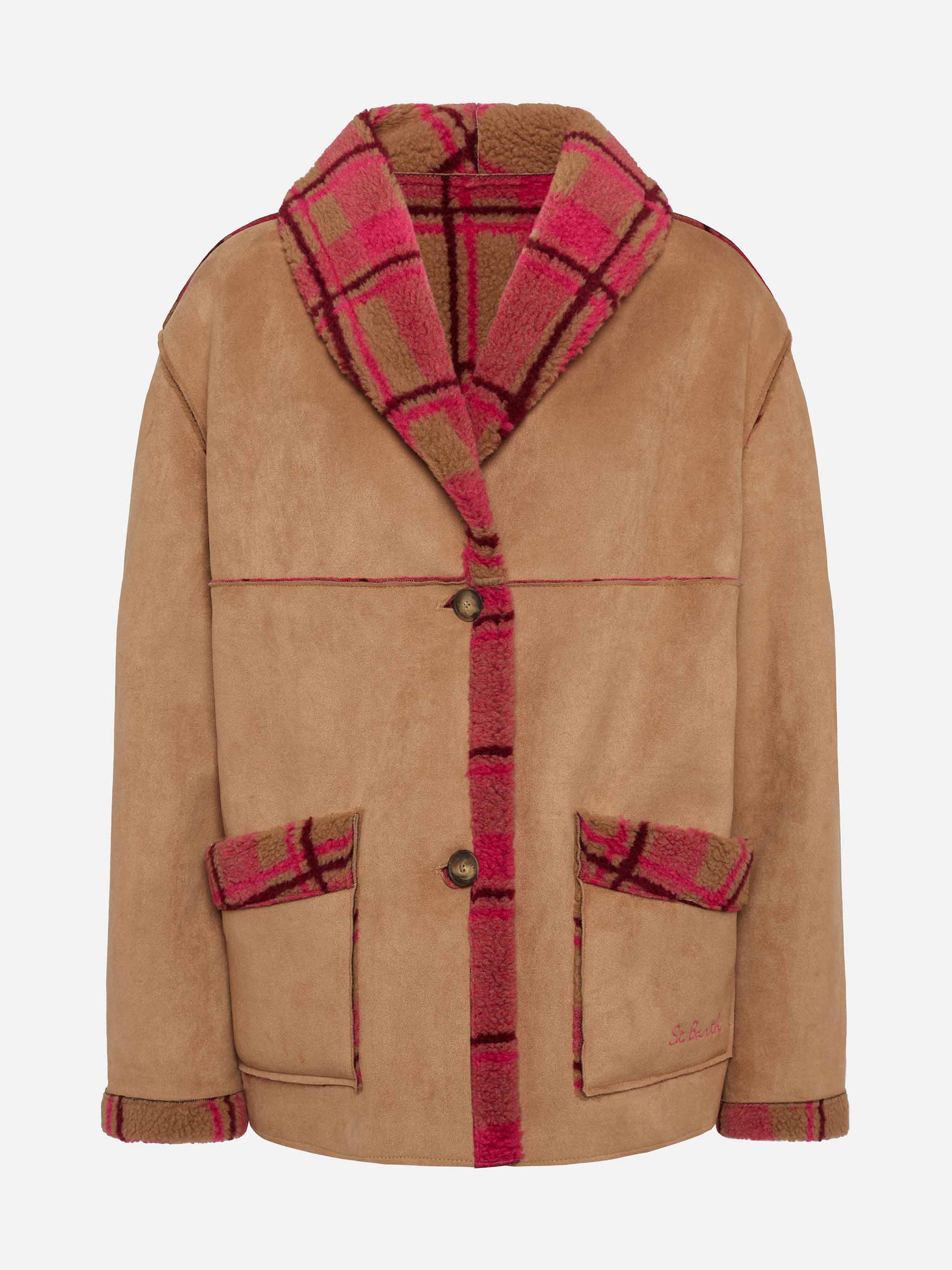Dorys Reversible Shearling Effect Tartan Jacket Camel Coat