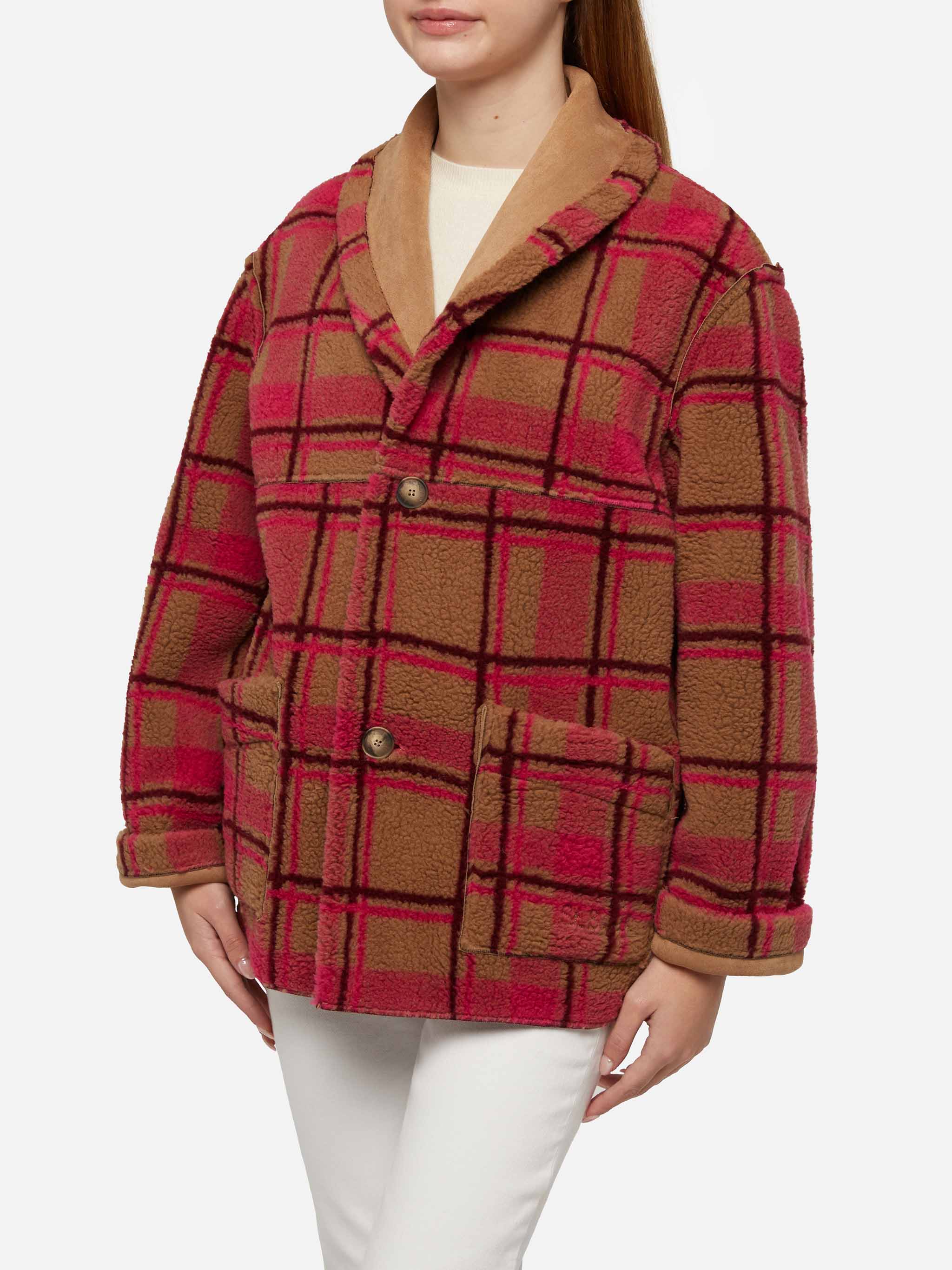 Dorys Reversible Shearling Effect Tartan Jacket Camel Coat