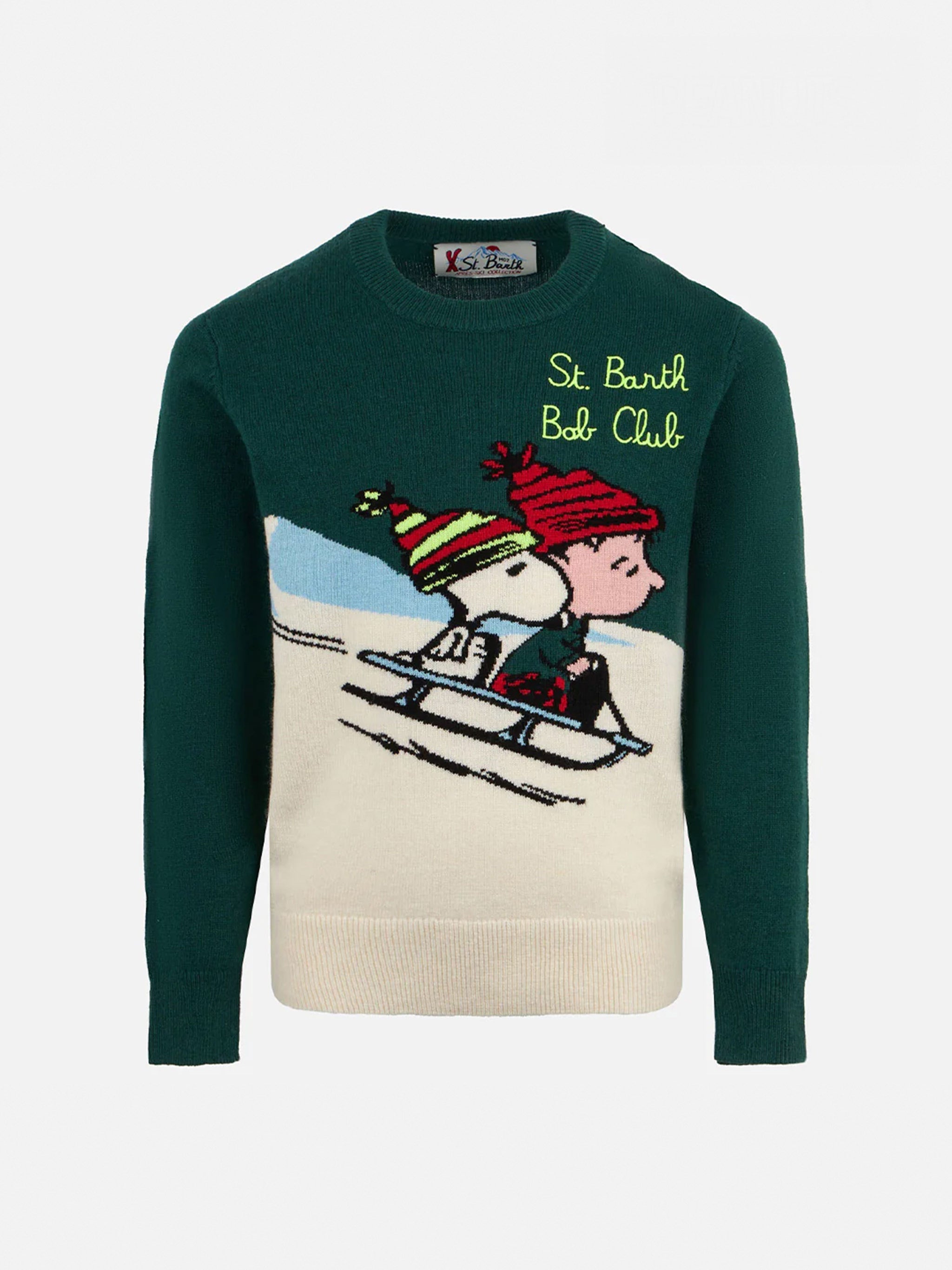 Boy Crewneck Sweater With Snoopy Print And St. Barth Bob Club Embroidery| - Peanuts™ Special Edition Green