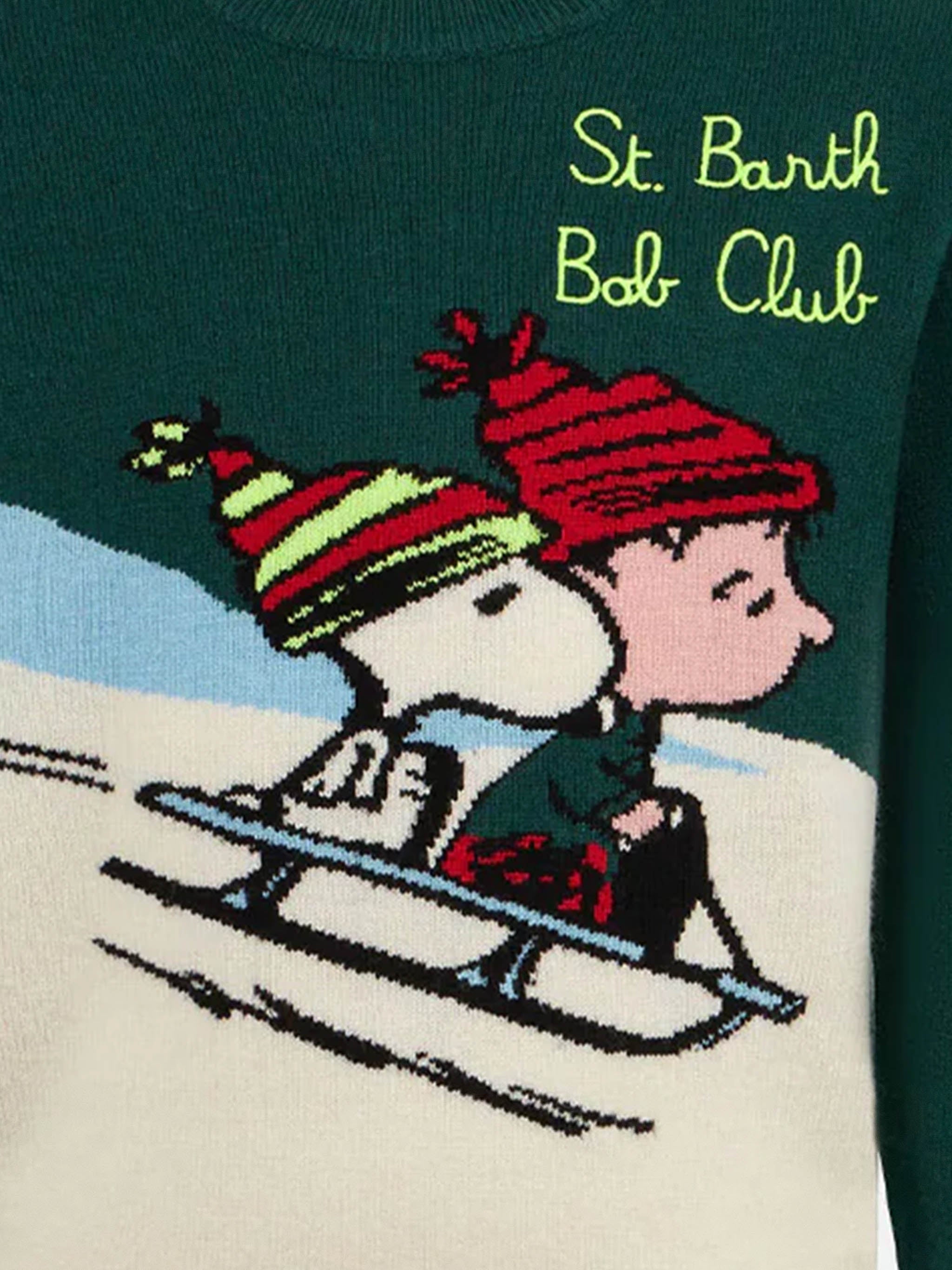 Boy Crewneck Sweater With Snoopy Print And St. Barth Bob Club Embroidery| - Peanuts™ Special Edition Green