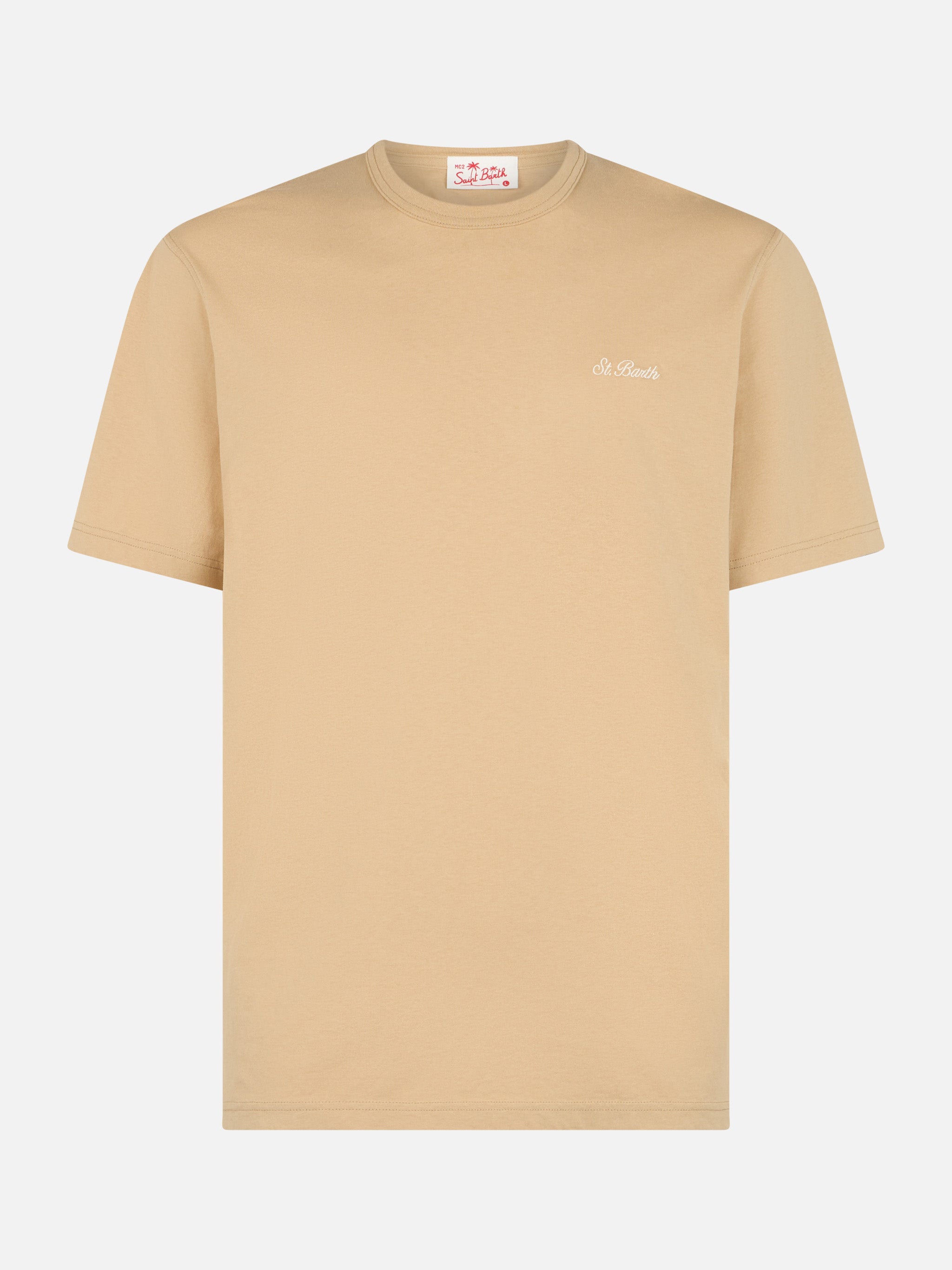 Man Beige Cotton Jersey T-Shirt Dover With St. Barth Embroidery White