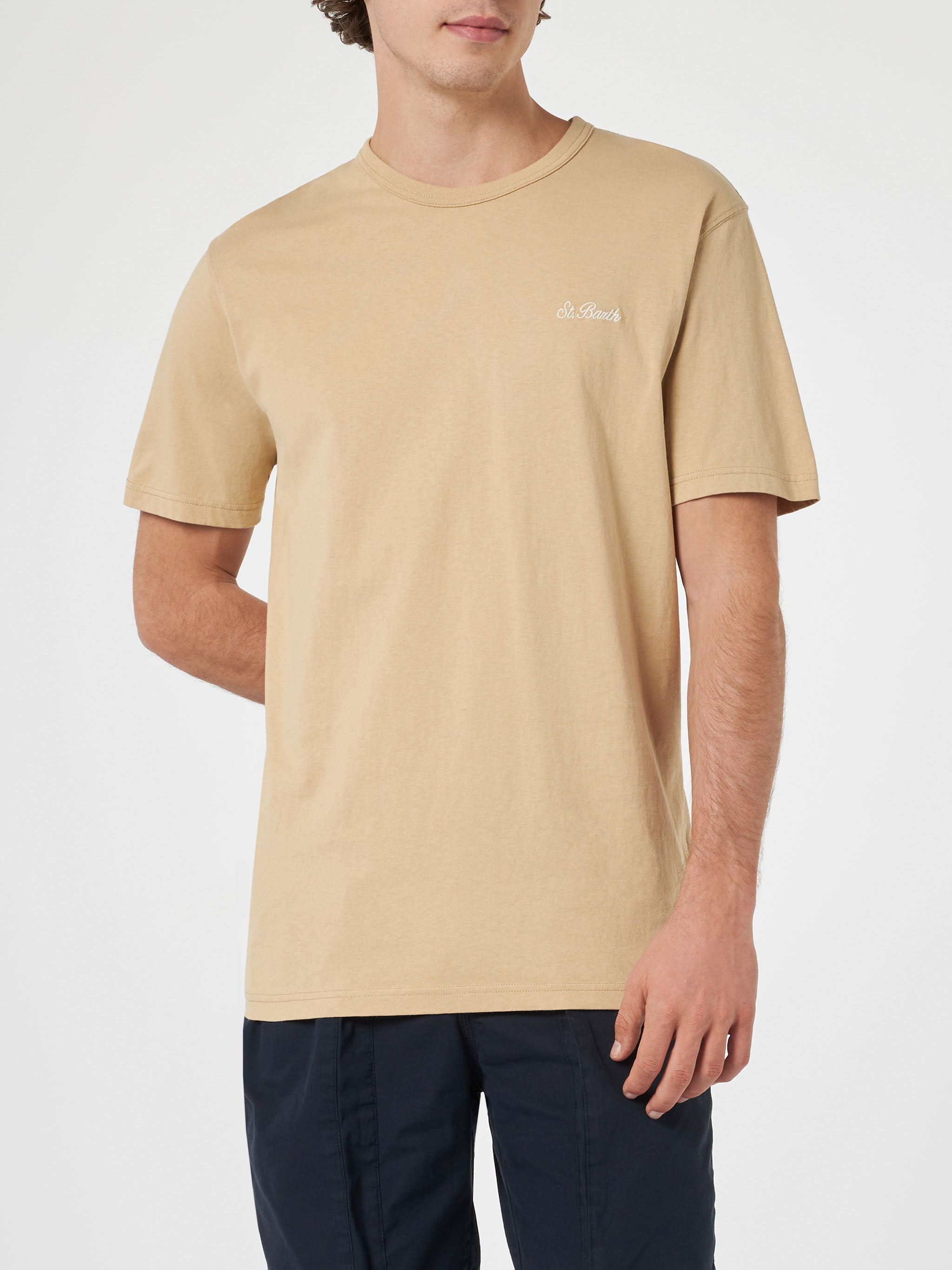 Man Beige Cotton Jersey T-Shirt Dover With St. Barth Embroidery White