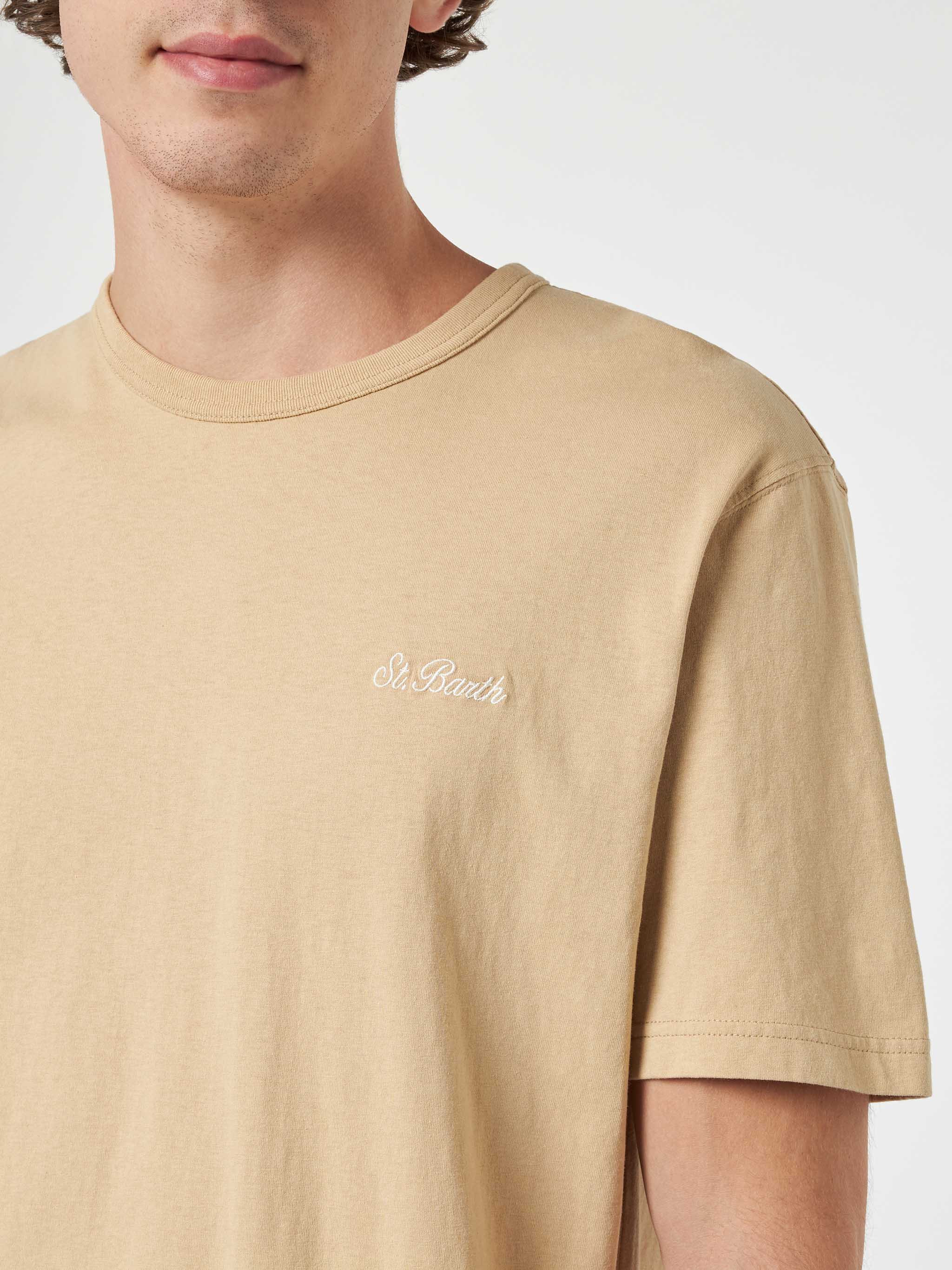 Man Beige Cotton Jersey T-Shirt Dover With St. Barth Embroidery White