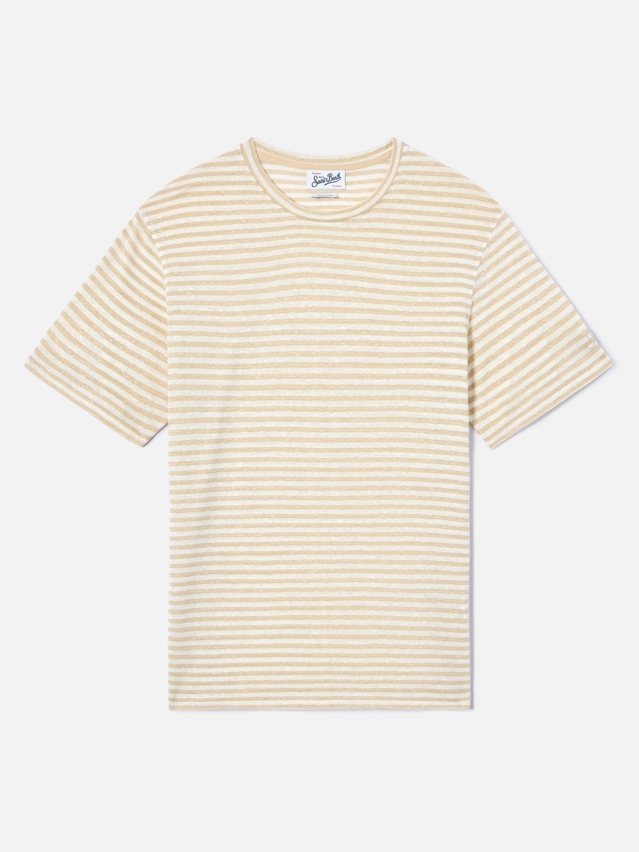 Beige Striped Dover Cotton T-Shirt With Logo Embroidery Brown