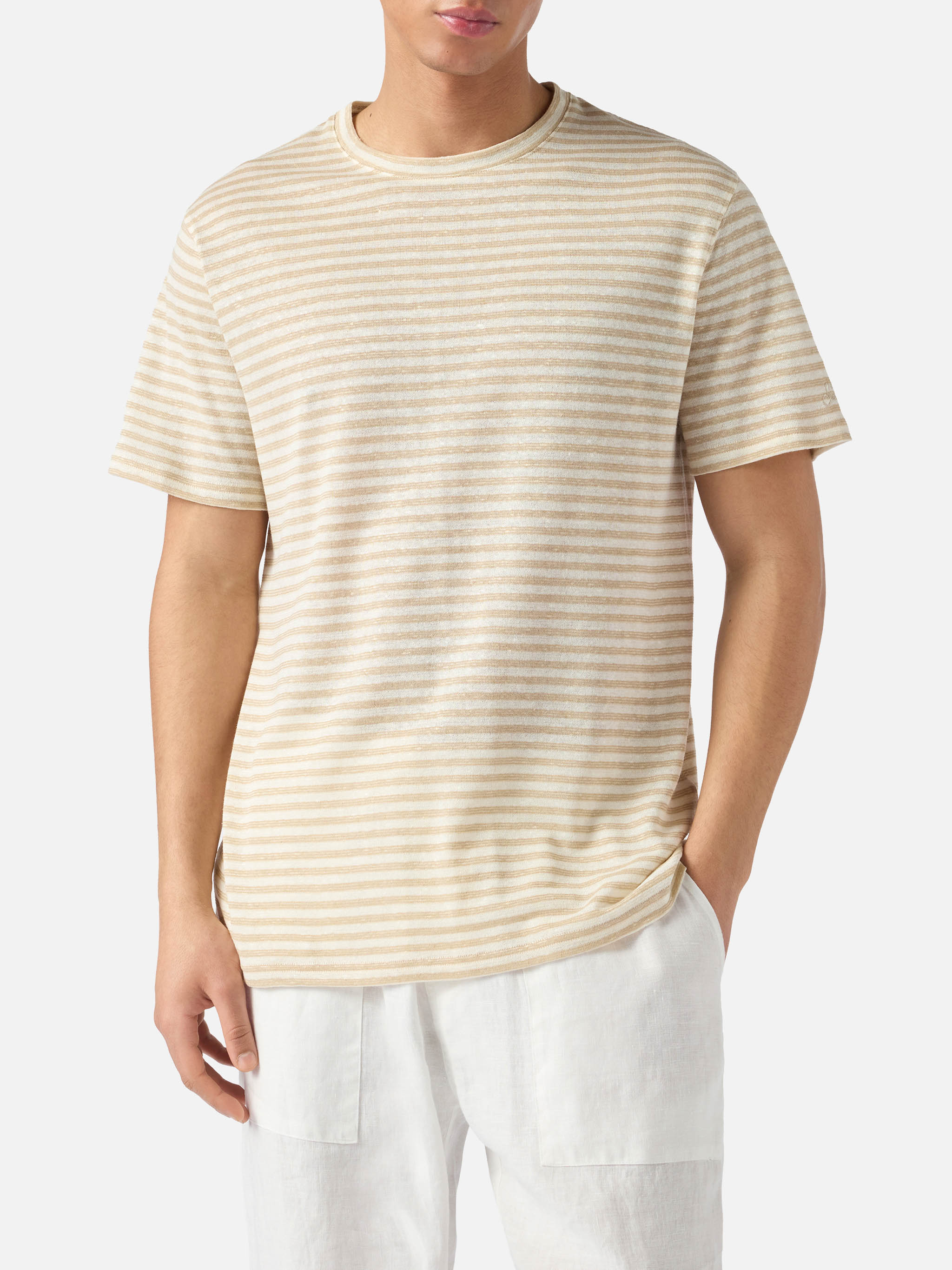 Beige Striped Dover Cotton T-Shirt With Logo Embroidery Brown