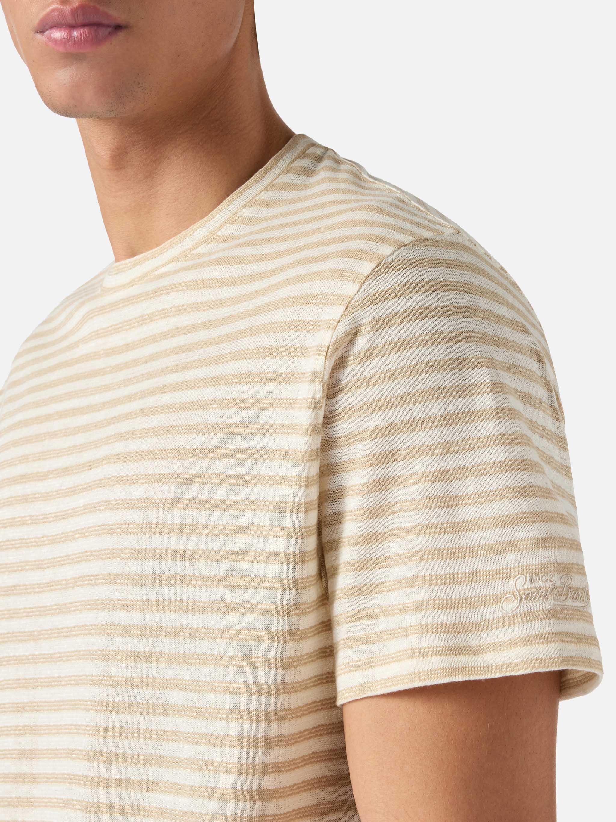 Beige Striped Dover Cotton T-Shirt With Logo Embroidery Brown