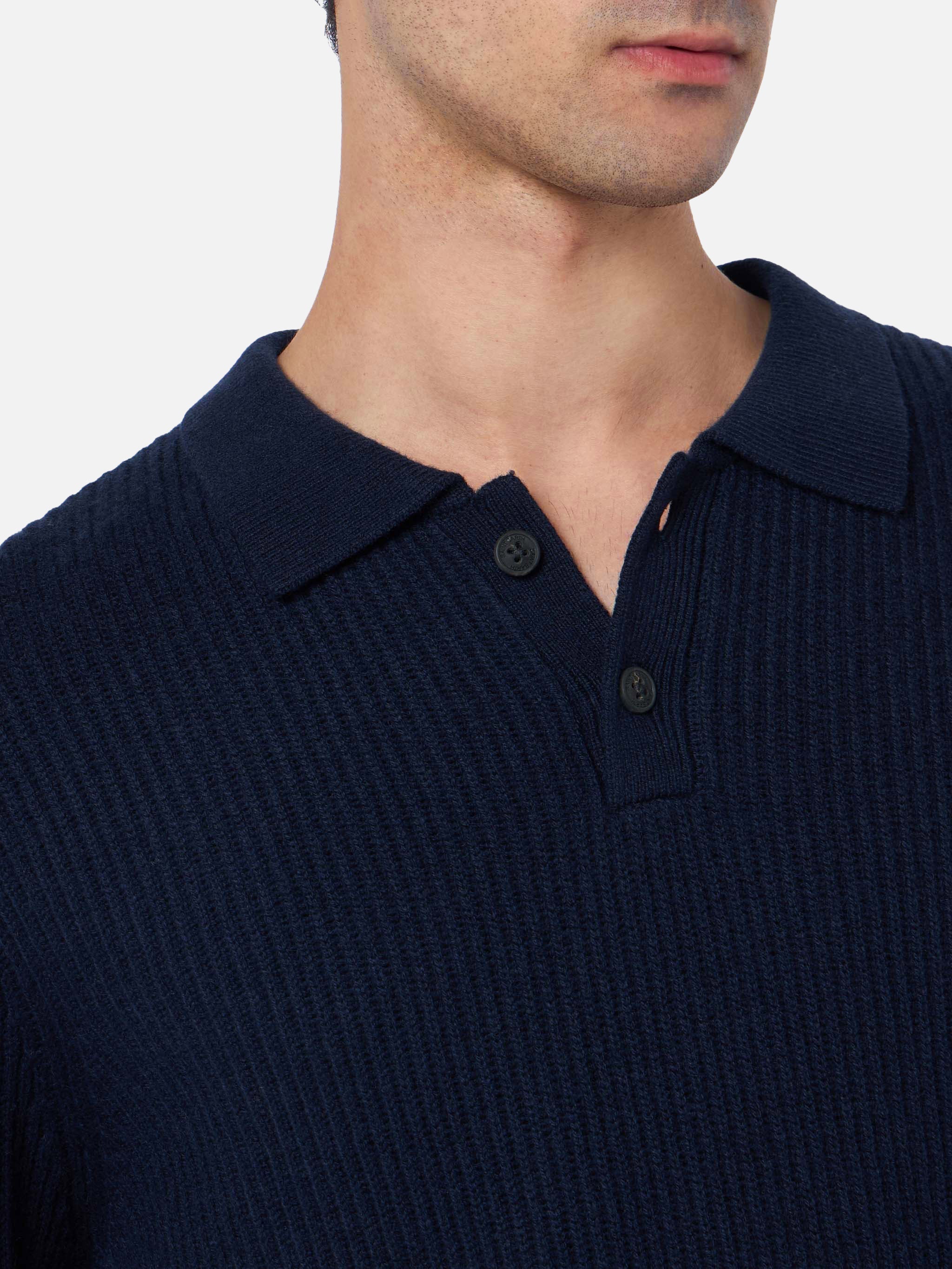 Navy Blue Ribbed Sweater Downing Blended Cashmere With Buttoned Collar