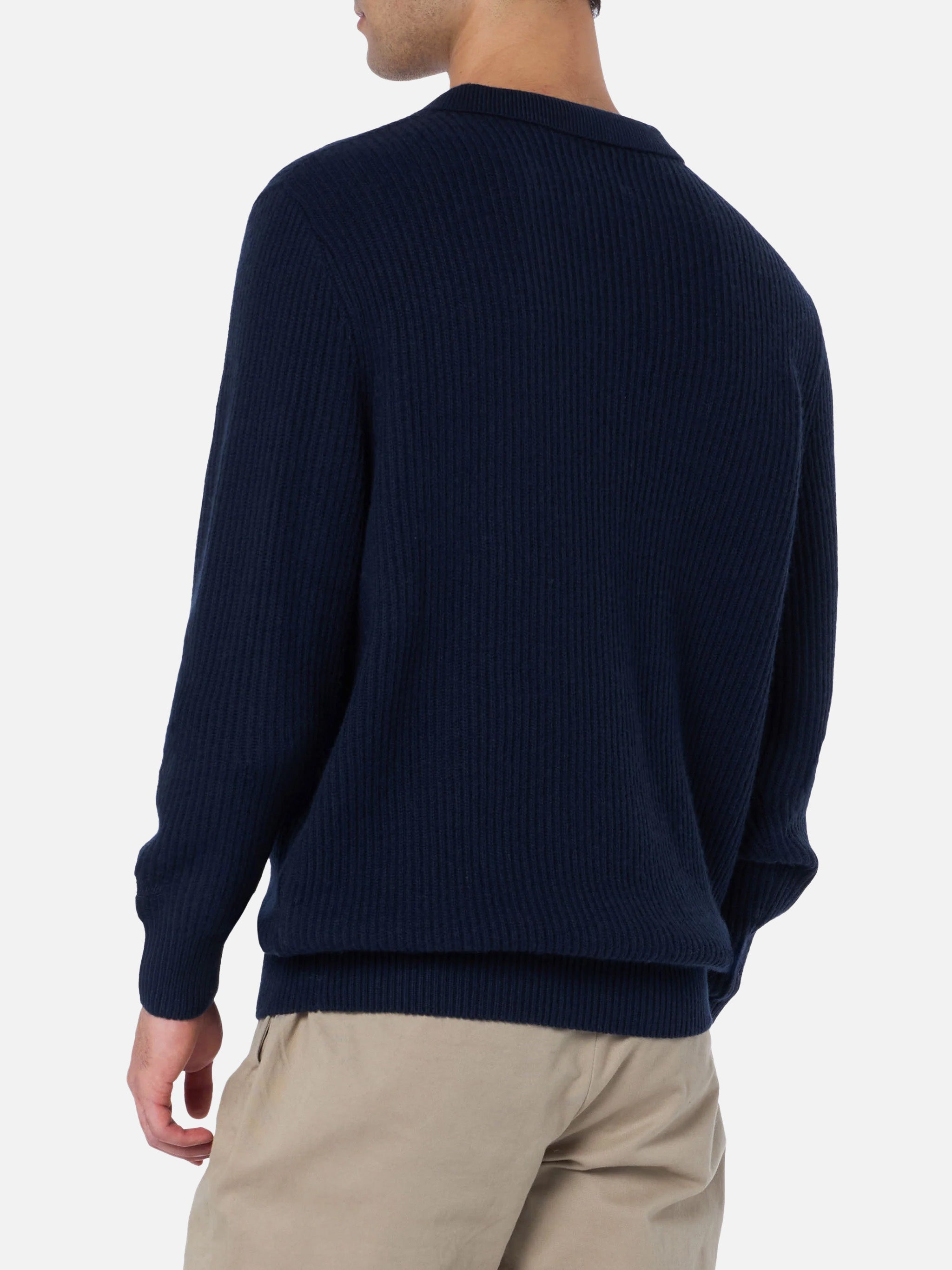 Navy Blue Ribbed Sweater Downing Blended Cashmere With Buttoned Collar