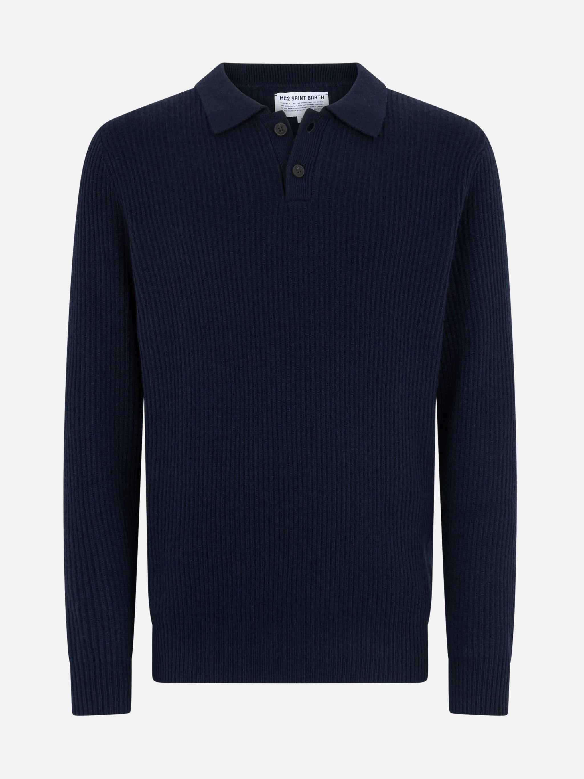 Navy Blue Ribbed Sweater Downing Blended Cashmere With Buttoned Collar