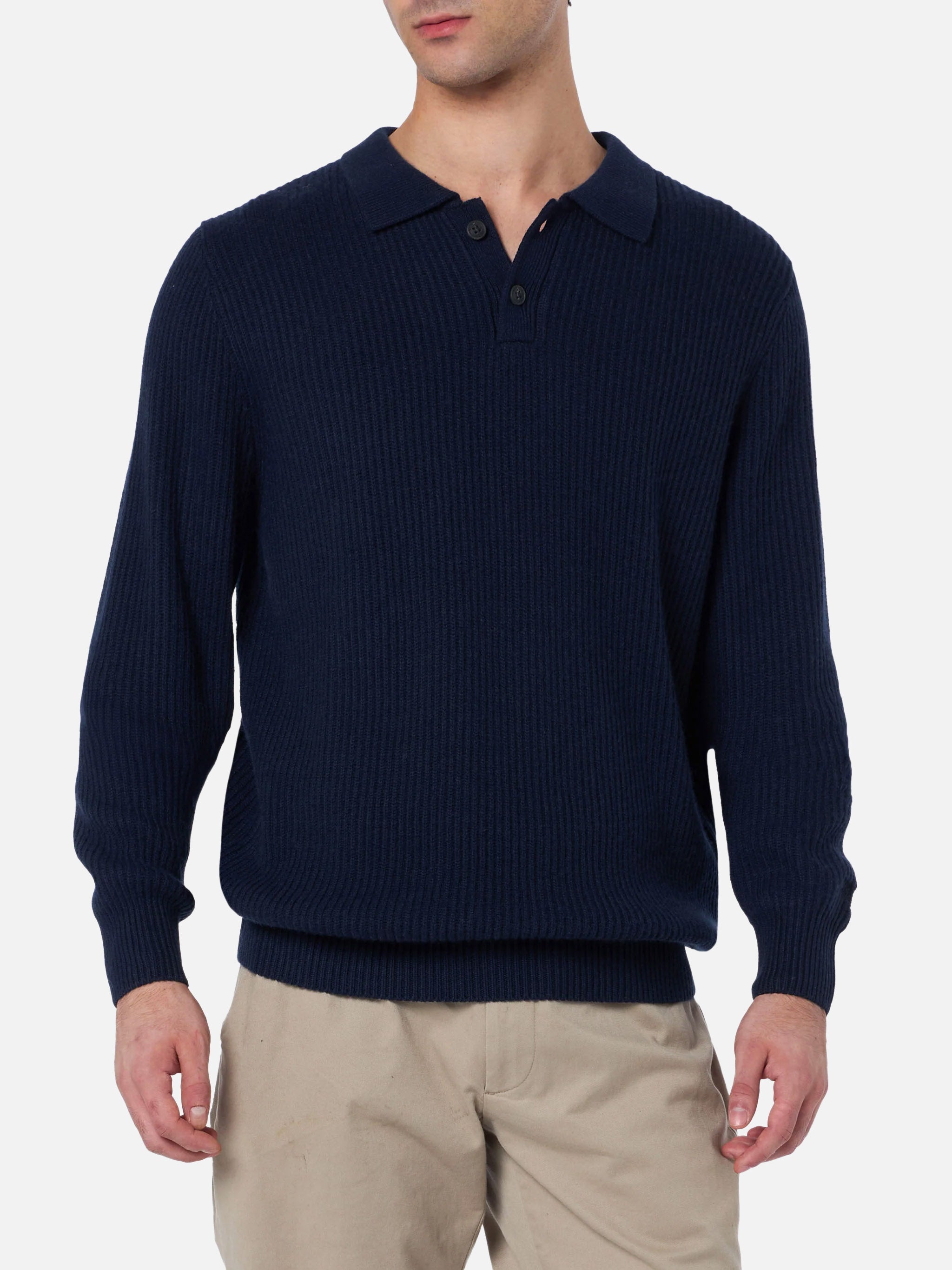Navy Blue Ribbed Sweater Downing Blended Cashmere With Buttoned Collar