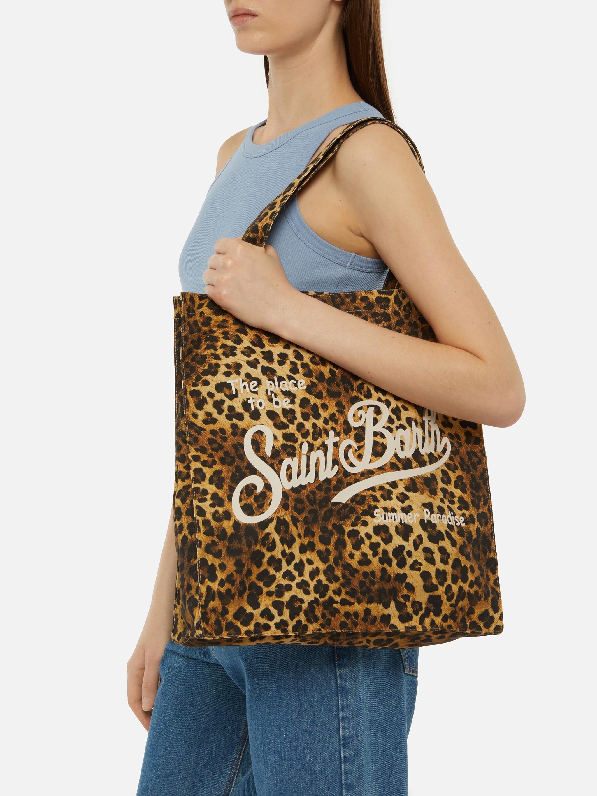 Essential Flat Cotton Animalier Bag With Saint Barth Logo Brown