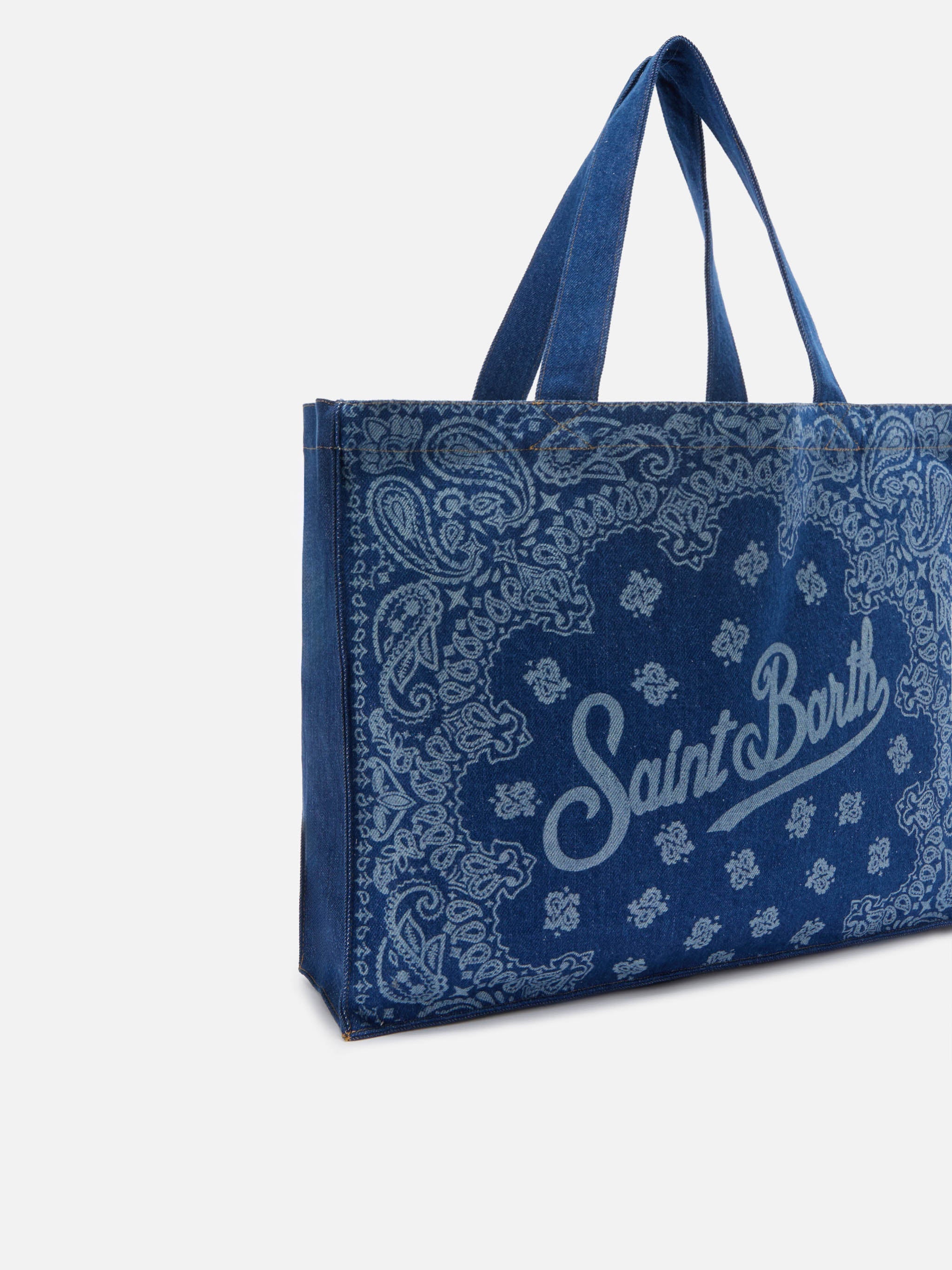 Essential Denim Tote Bag With Bandana Print And Contrasting Logo Blue