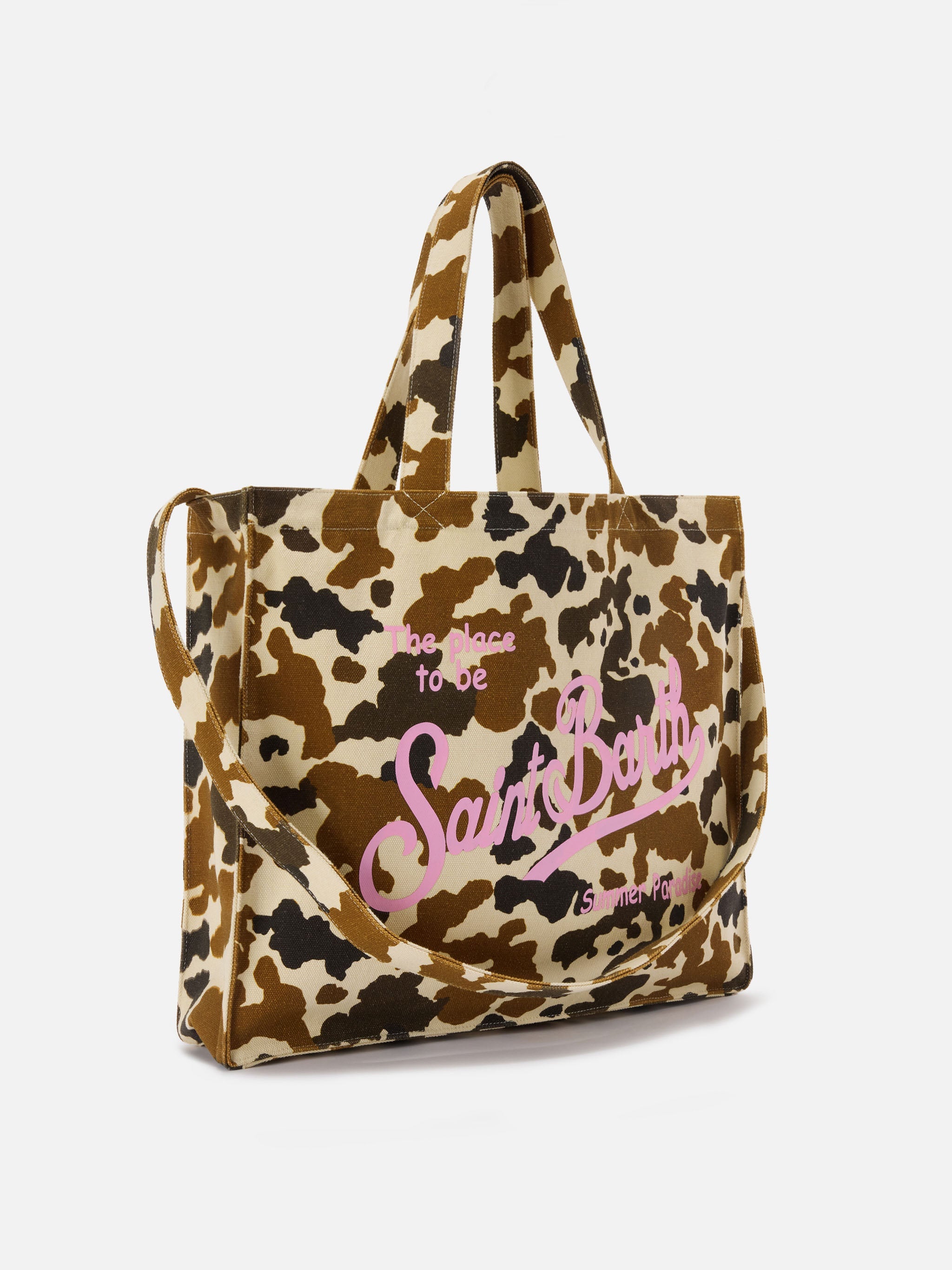 Essential Canvas Tote Bag With Cow Print And Printed Logo Pink