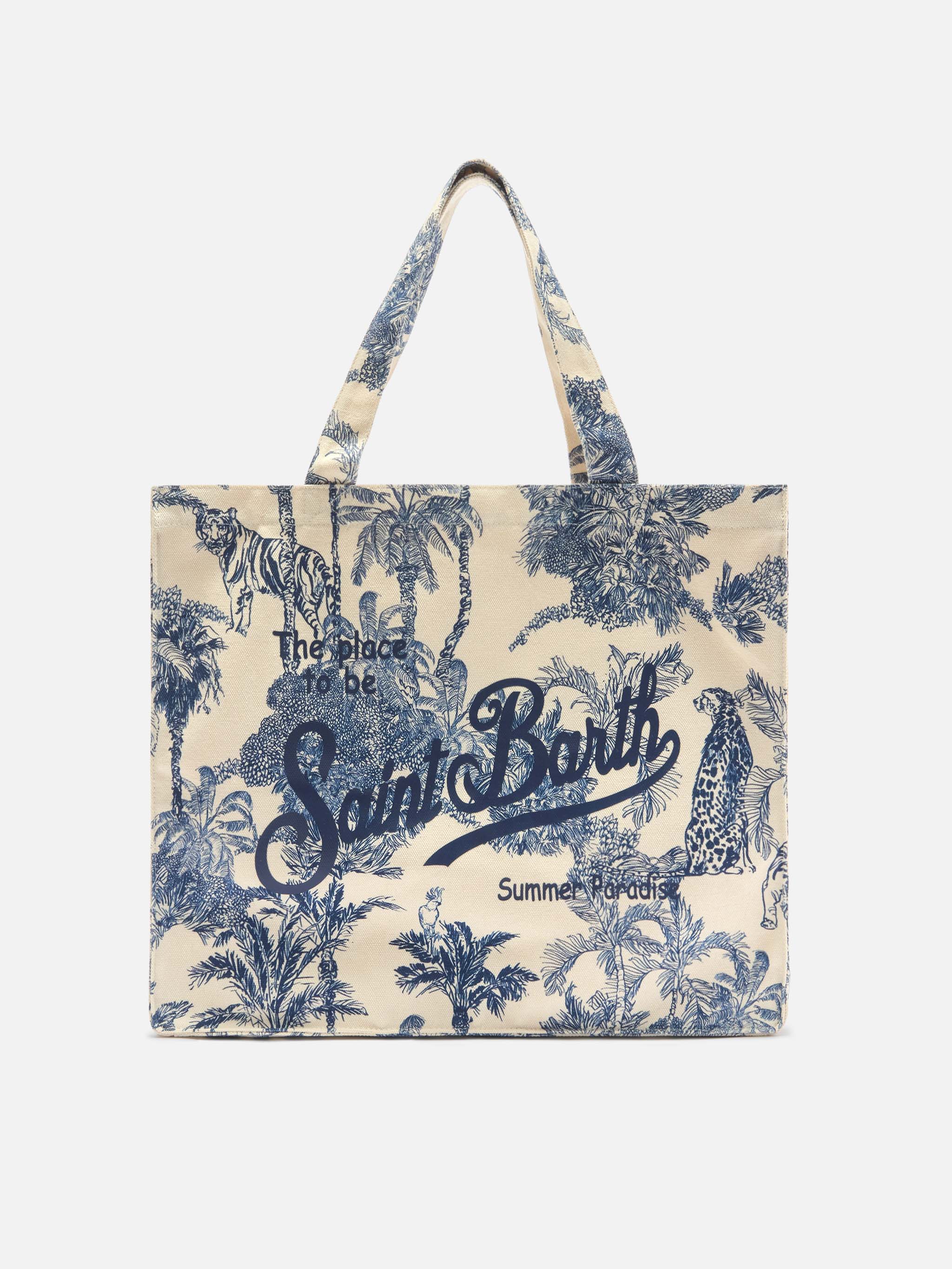Essential Canvas Tote Bag With Blue Toile De Jouy Print White