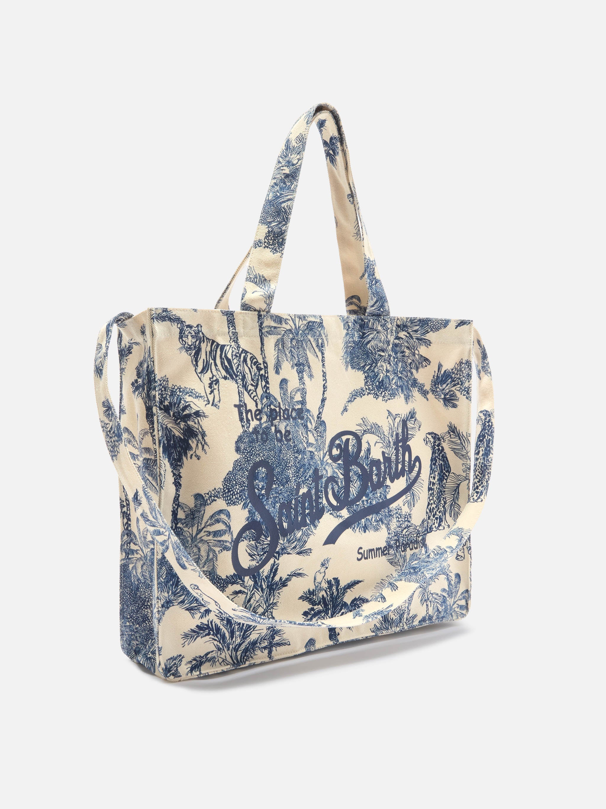 Essential Canvas Tote Bag With Blue Toile De Jouy Print White